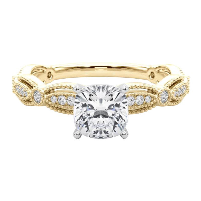 GIA Certified 1.51 Carat Vintage Cushion Milgrain Band Diamond Ring