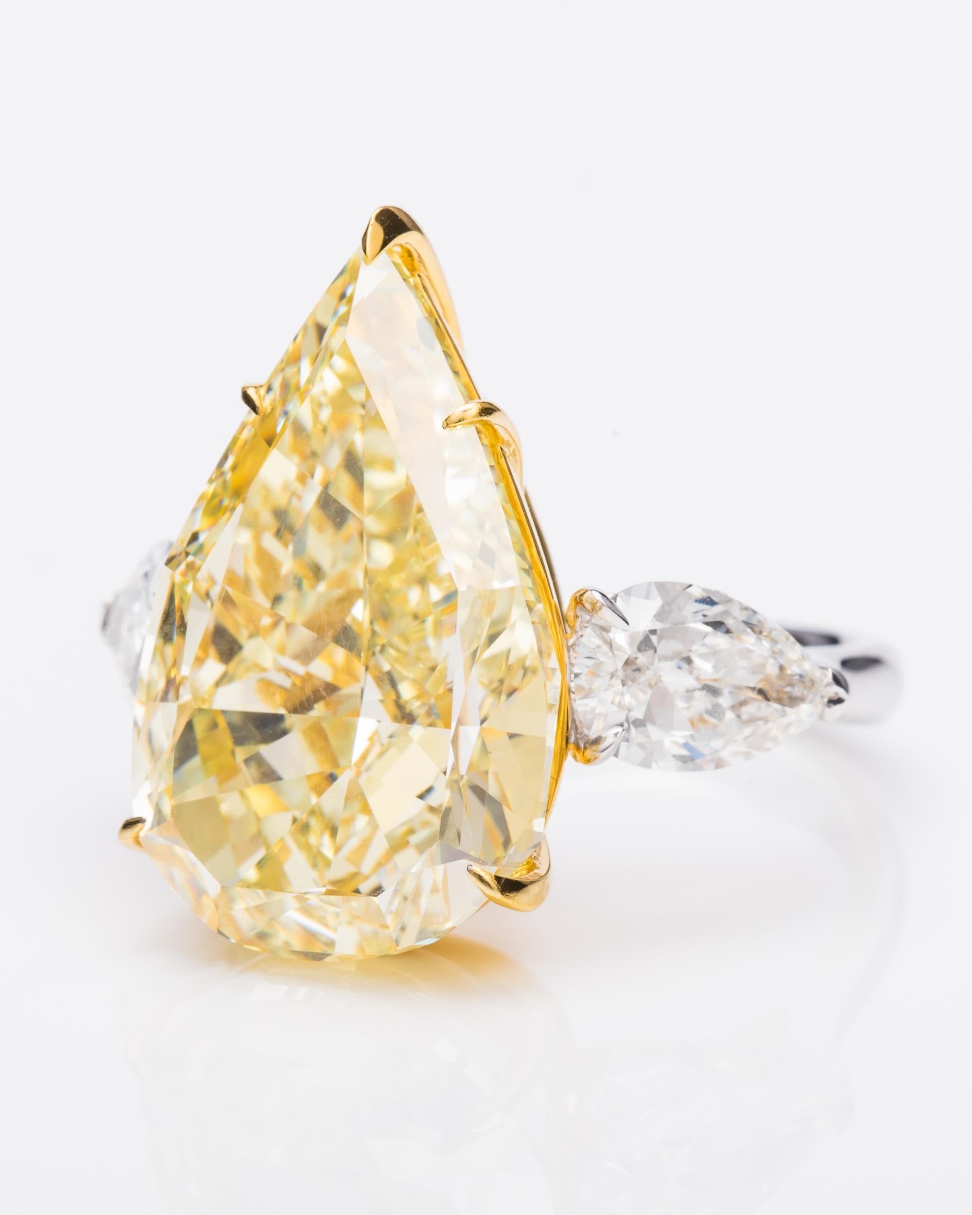 This piece is available for custom order only. 

Few shapes are as elegant and delicate than the pear shape. Vihari Jewels designed this 13.50 carat Fancy Yellow Diamond (GIA Certificate #2181120671) for a discerning collector with a refined taste.