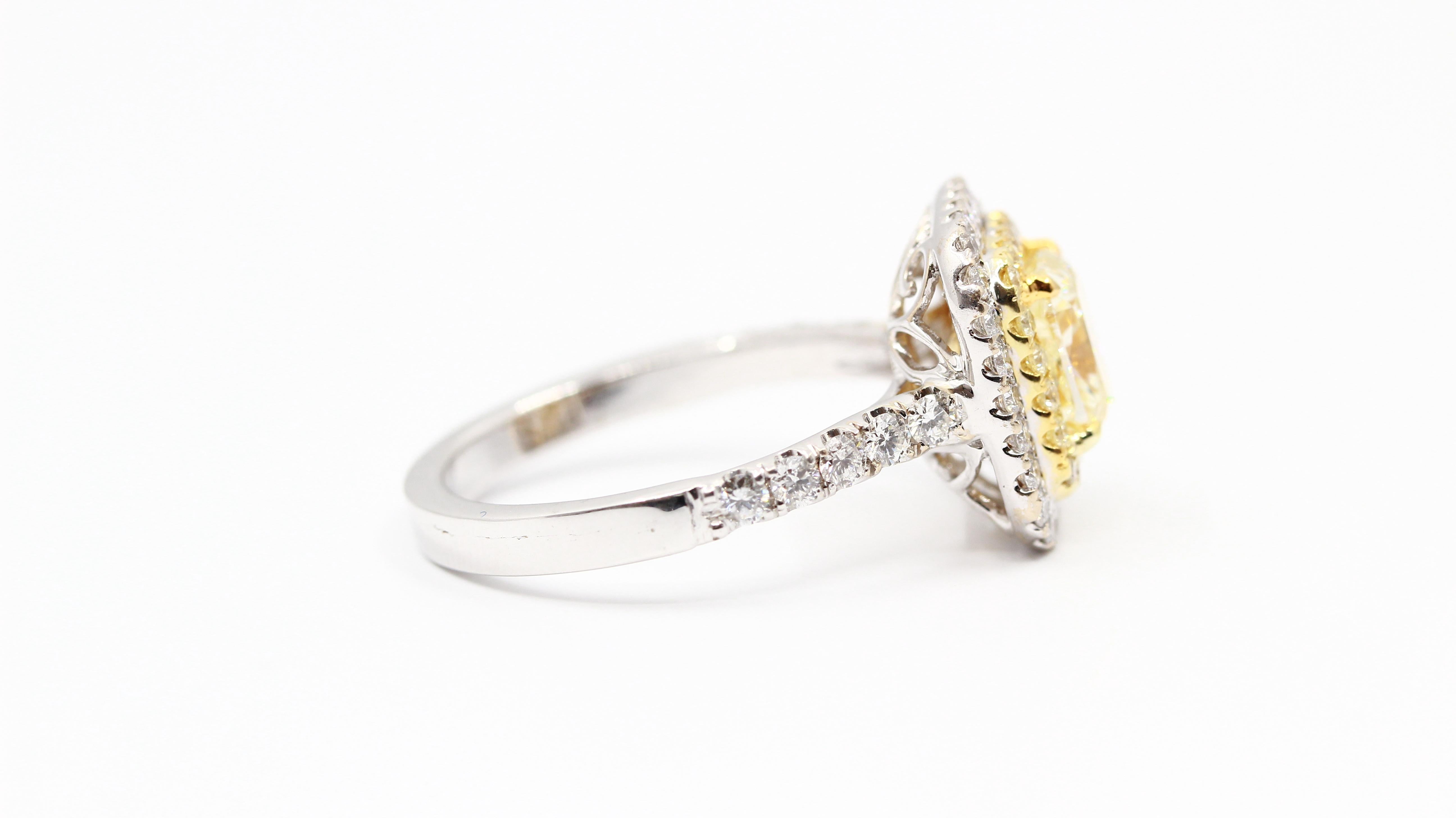 Contemporary GIA Certified 1.51 Carat Yellow Cushion Cut Center Double Halo White Gold Ring