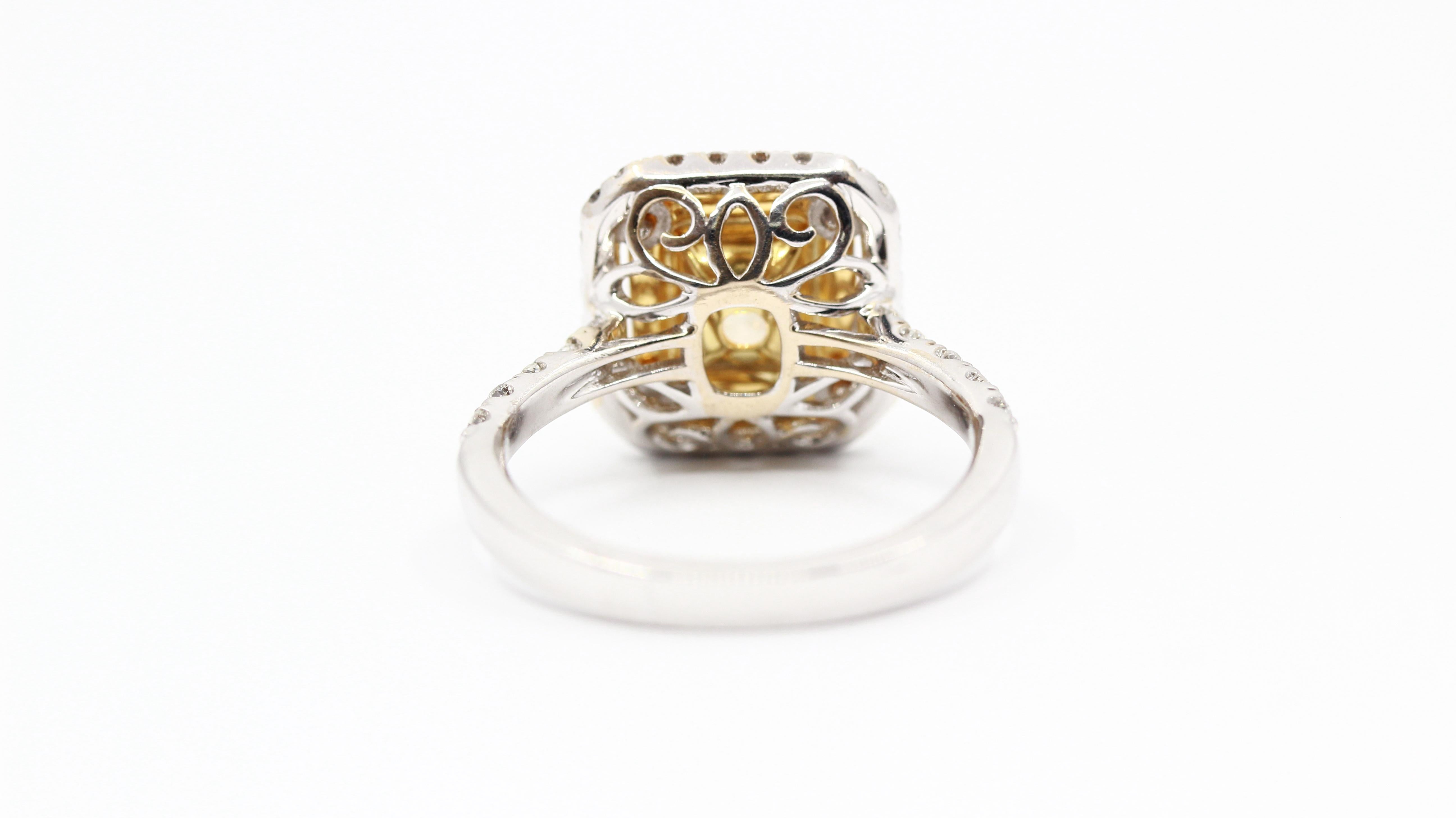 GIA Certified 1.51 Carat Yellow Cushion Cut Center Double Halo White Gold Ring In New Condition In New York, NY