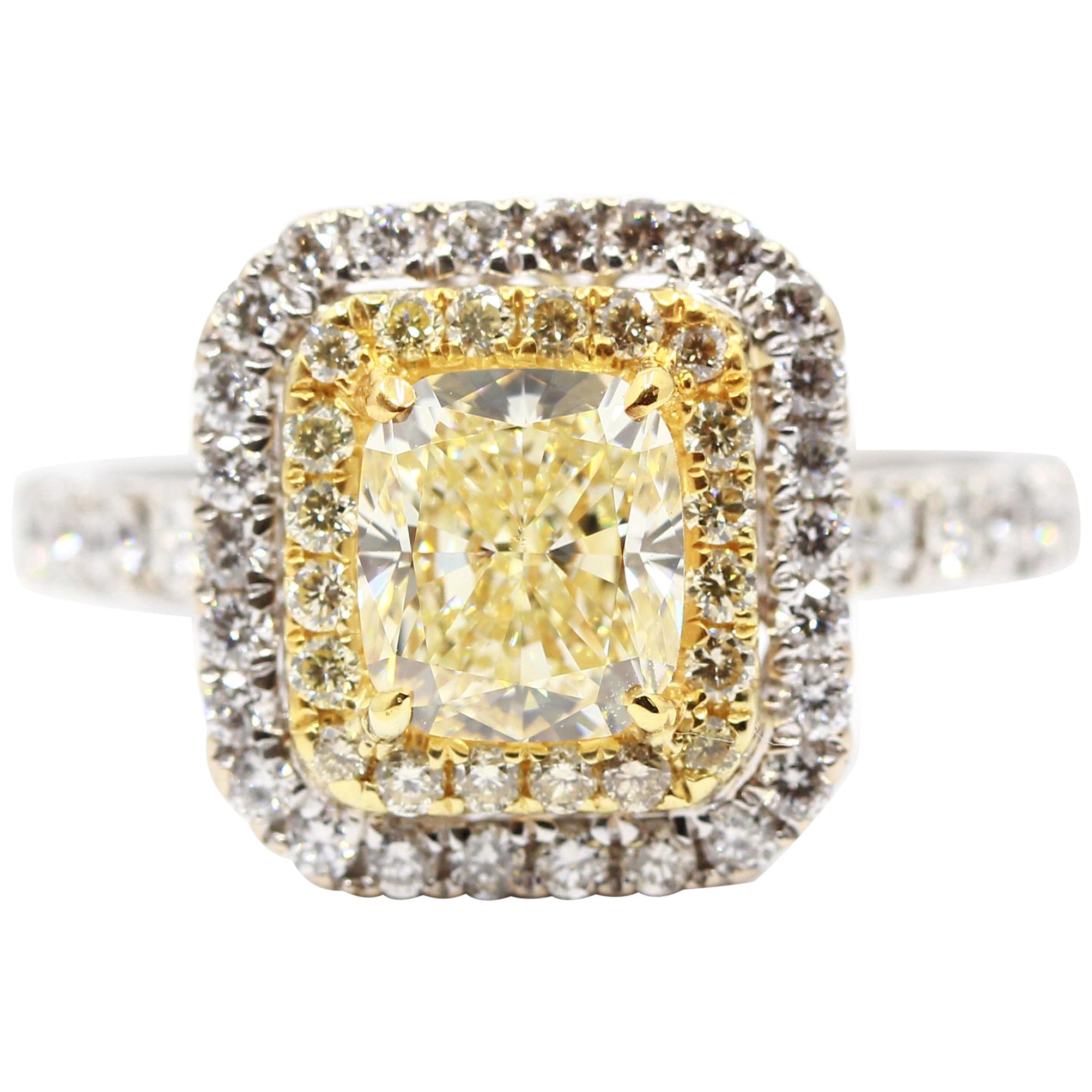 GIA Certified 1.51 Carat Yellow Cushion Cut Center Double Halo White Gold Ring