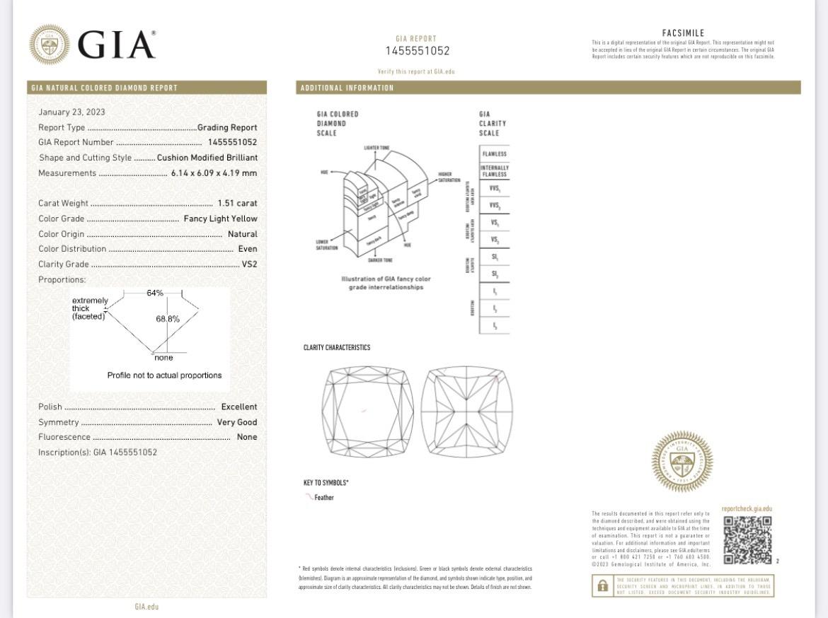 Women's or Men's GIA Certified 1.51 CT Fancy Light Yellow Diamond 18K Gold Ring For Sale