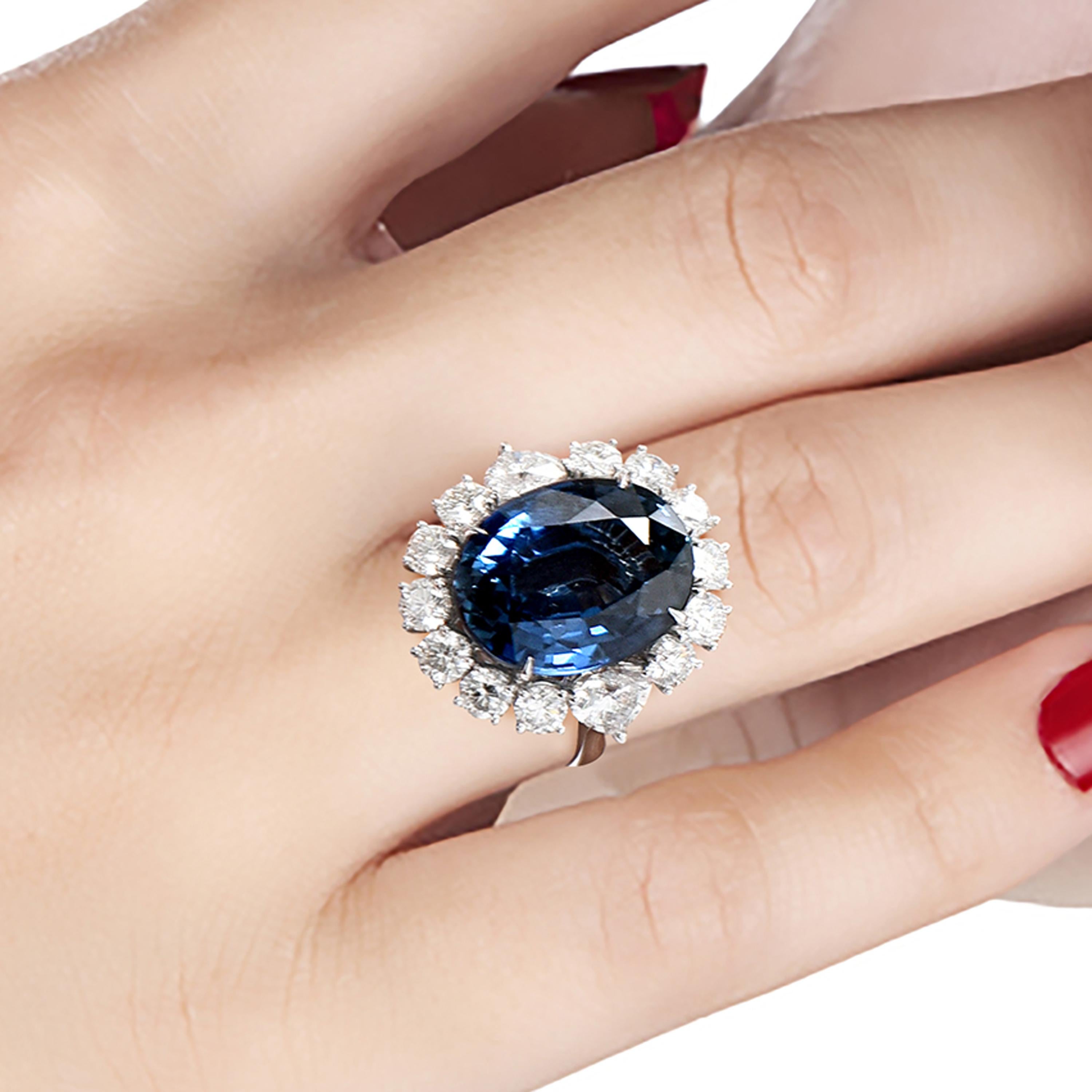 Oval Cut Laviere GIA Certified 15.12 Carat Blue Sapphire and Diamond Cocktail Ring For Sale