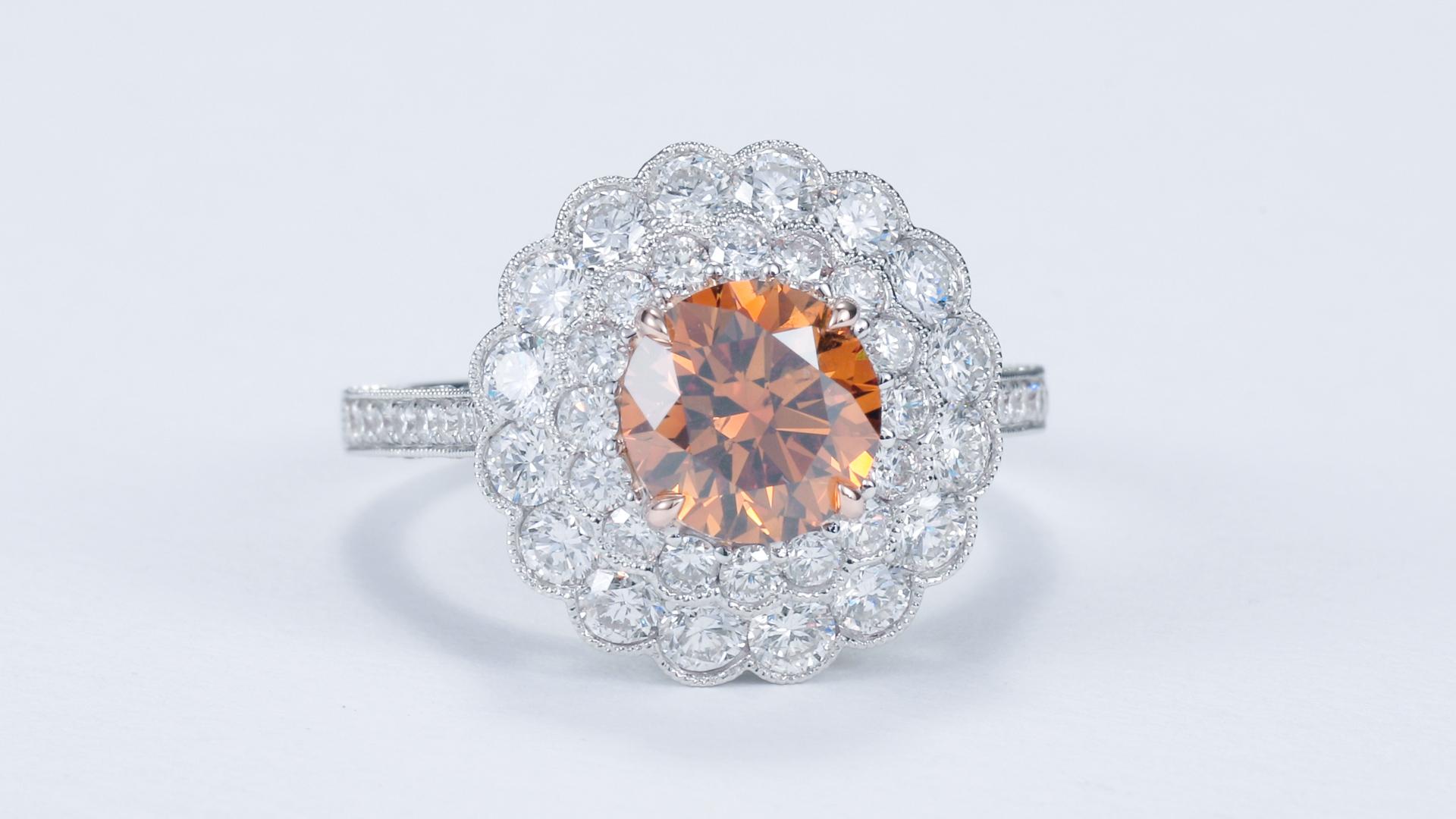 Round Cut GIA Certified, 1.51ct Brilliant Cut, Fancy Deep Brownish Orangy Yellow Ring 18kt