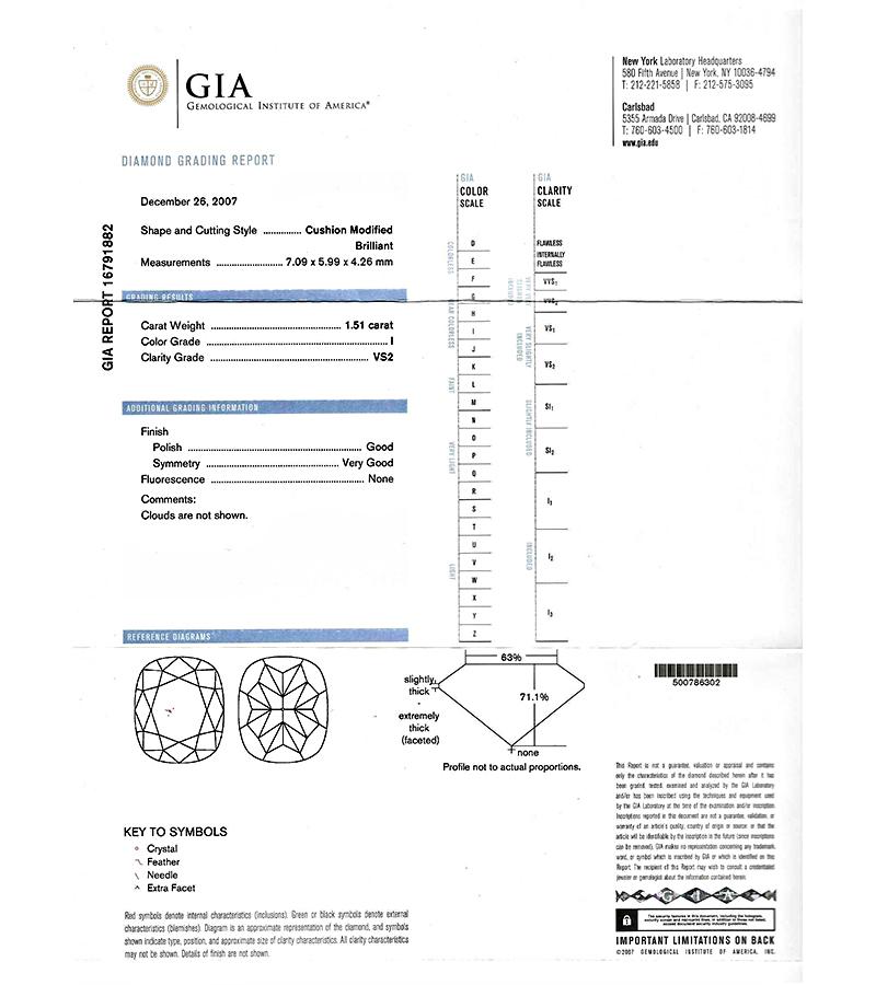 GIA Certified 1.51ct Diamond Engagement Ring In Good Condition For Sale In New York, NY
