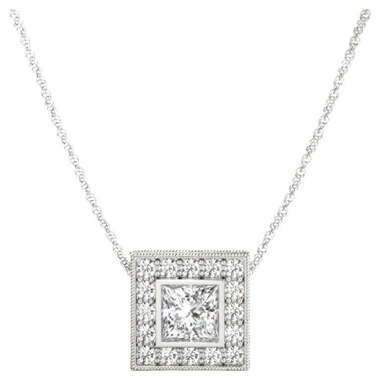 GIA Certified 1.51ct Princess Diamond Milgrain Halo Gold Pendant Necklace