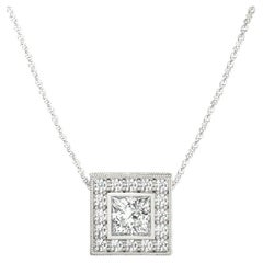 GIA Certified 1.51ct Princess Diamond Milgrain Halo Gold Pendant Necklace GIA Certified 1.51ct Princess Diamond Milgrain Halo Gold Pendant Necklace