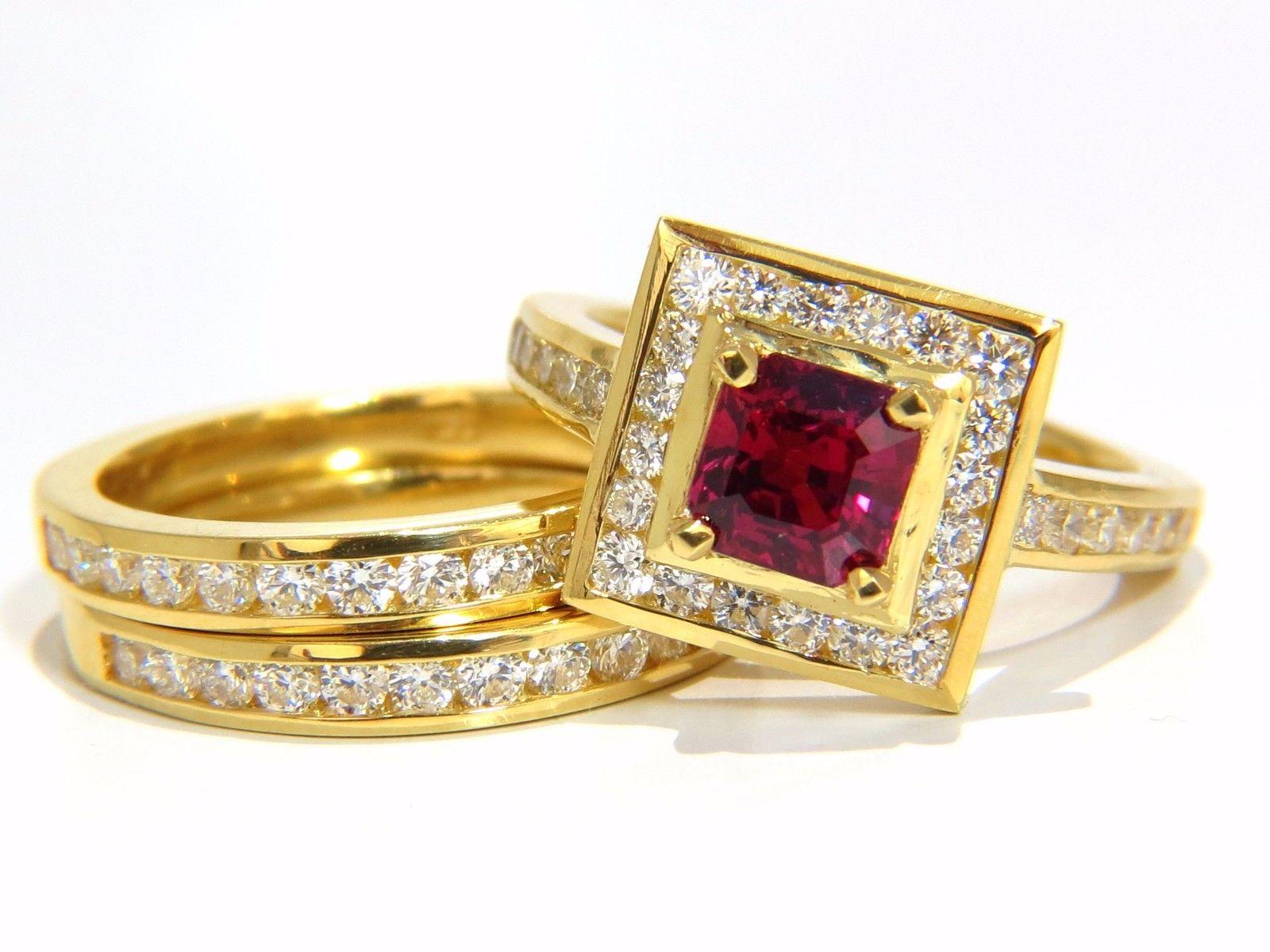 GIA Certified 1.51ct Rare Asscher cut vivid red ruby 2.00ct diamonds ring 18k 1