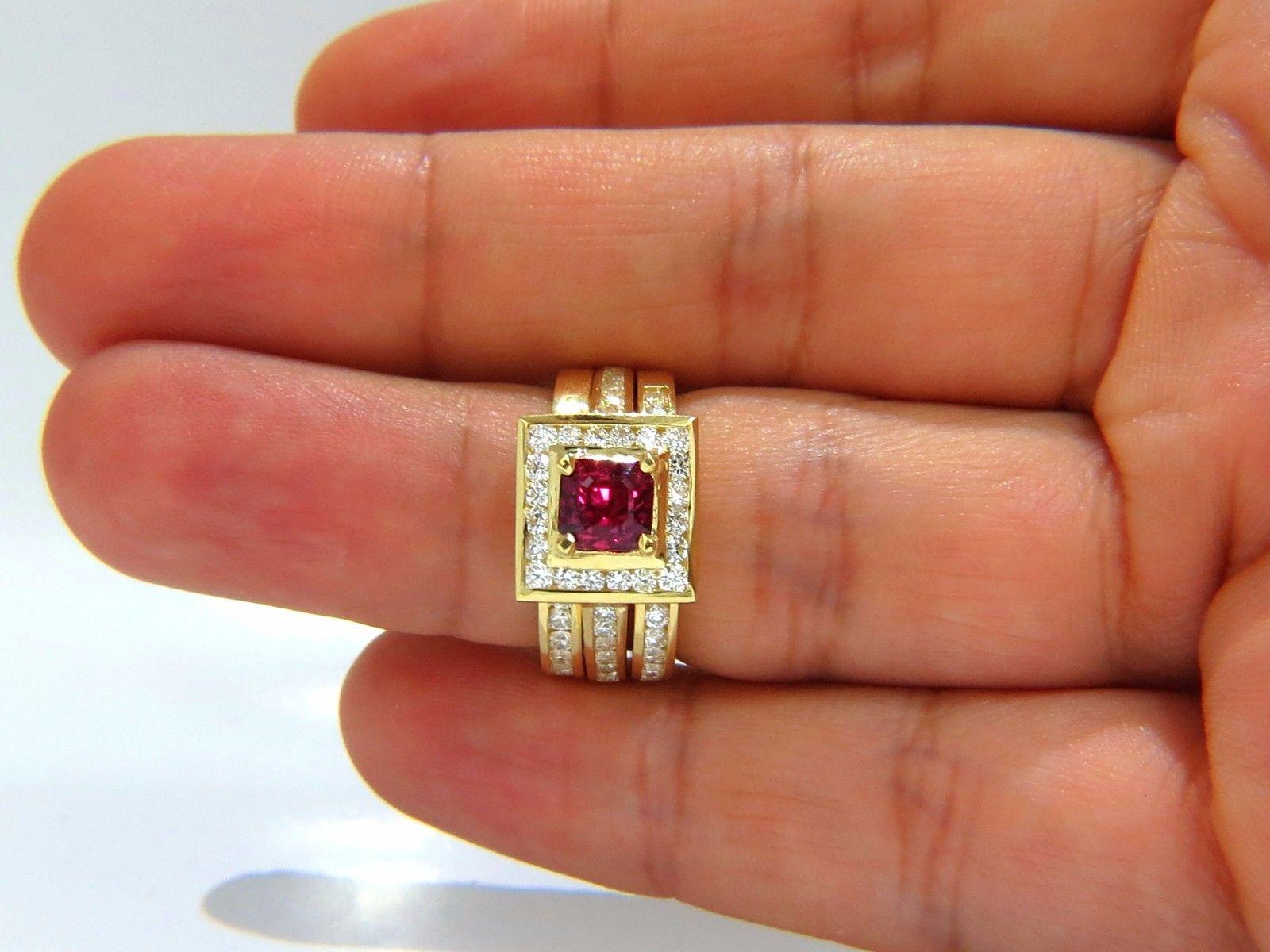 GIA Certified 1.51ct Rare Asscher cut vivid red ruby 2.00ct diamonds ring 18k In New Condition For Sale In New York, NY