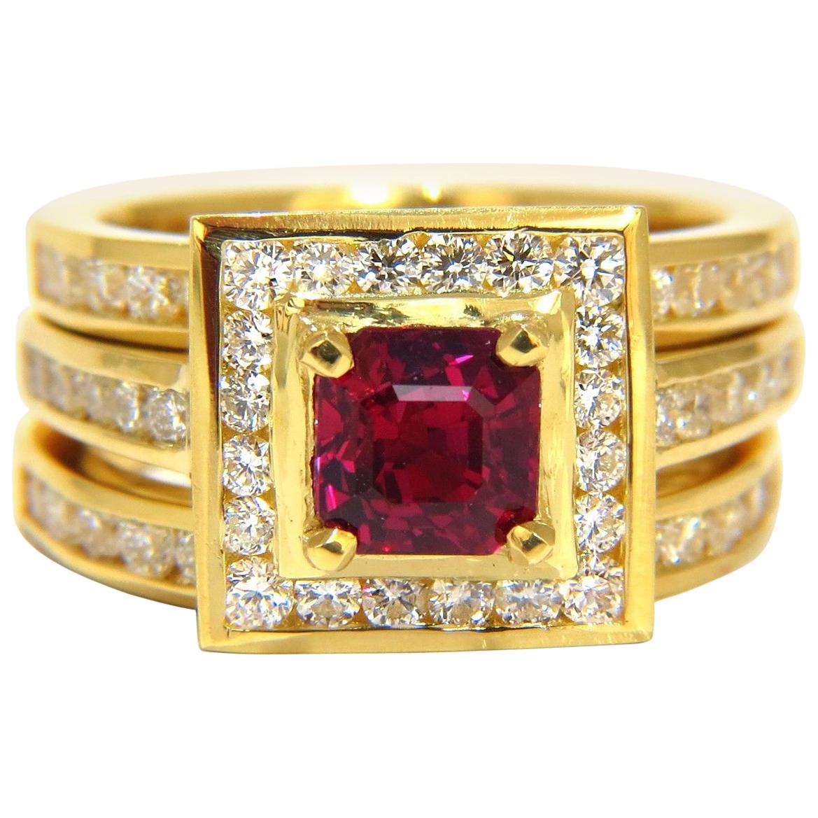 GIA Certified 1.51ct Rare Asscher cut vivid red ruby 2.00ct diamonds ring 18k For Sale