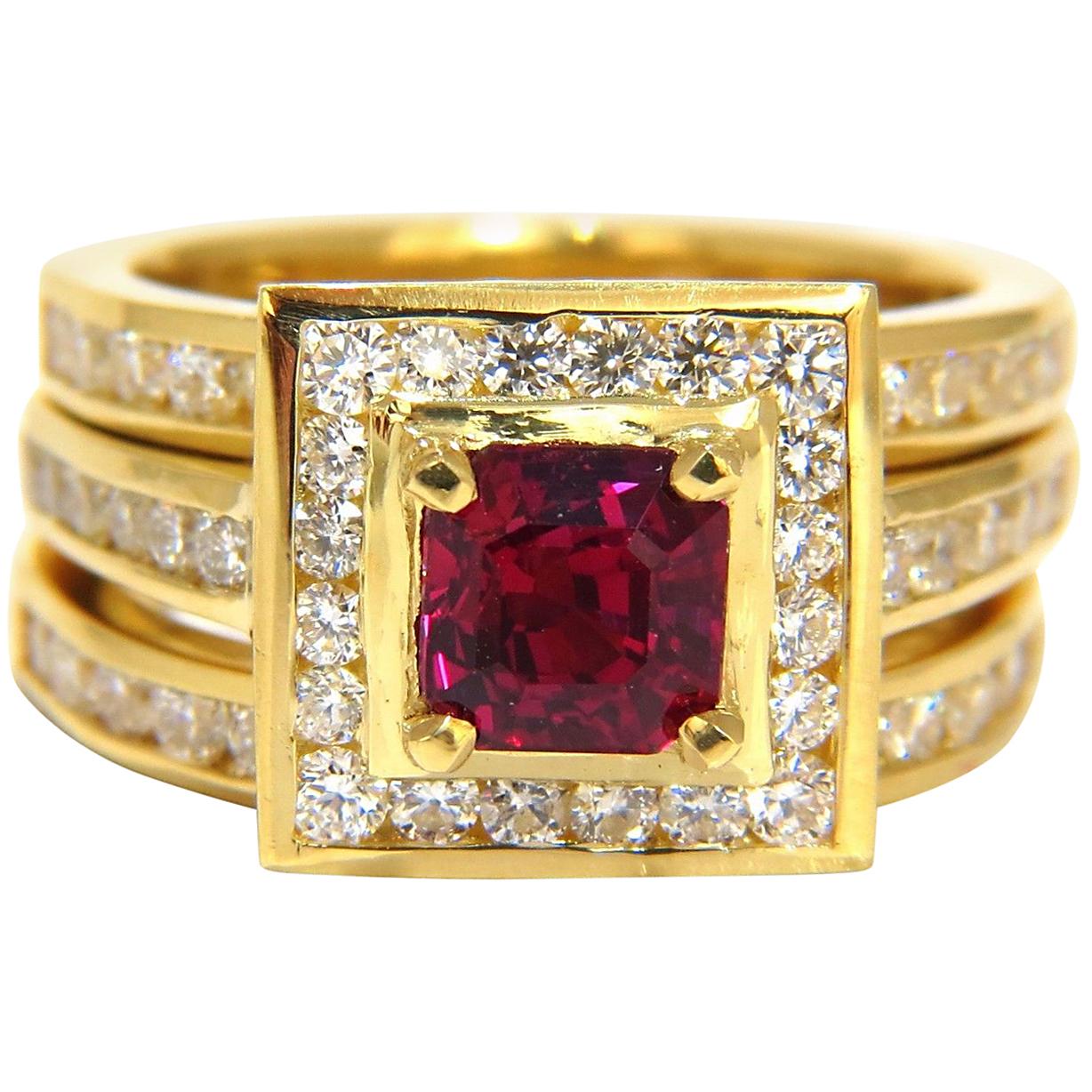 Gia Certified 1.51ct Rare Asscher Cut Vivid Red Ruby 2.00ct Diamonds Ring 18k For Sale