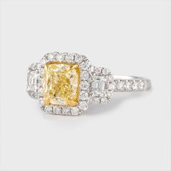 GIA Certified 1.51ct Yellow YZ Diamond Three Stone Ring with Halo Ring 18k Gold