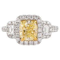 GIA Certified 1.51ct Yellow YZ Diamond Three Stone Ring with Halo Ring 18k Gold