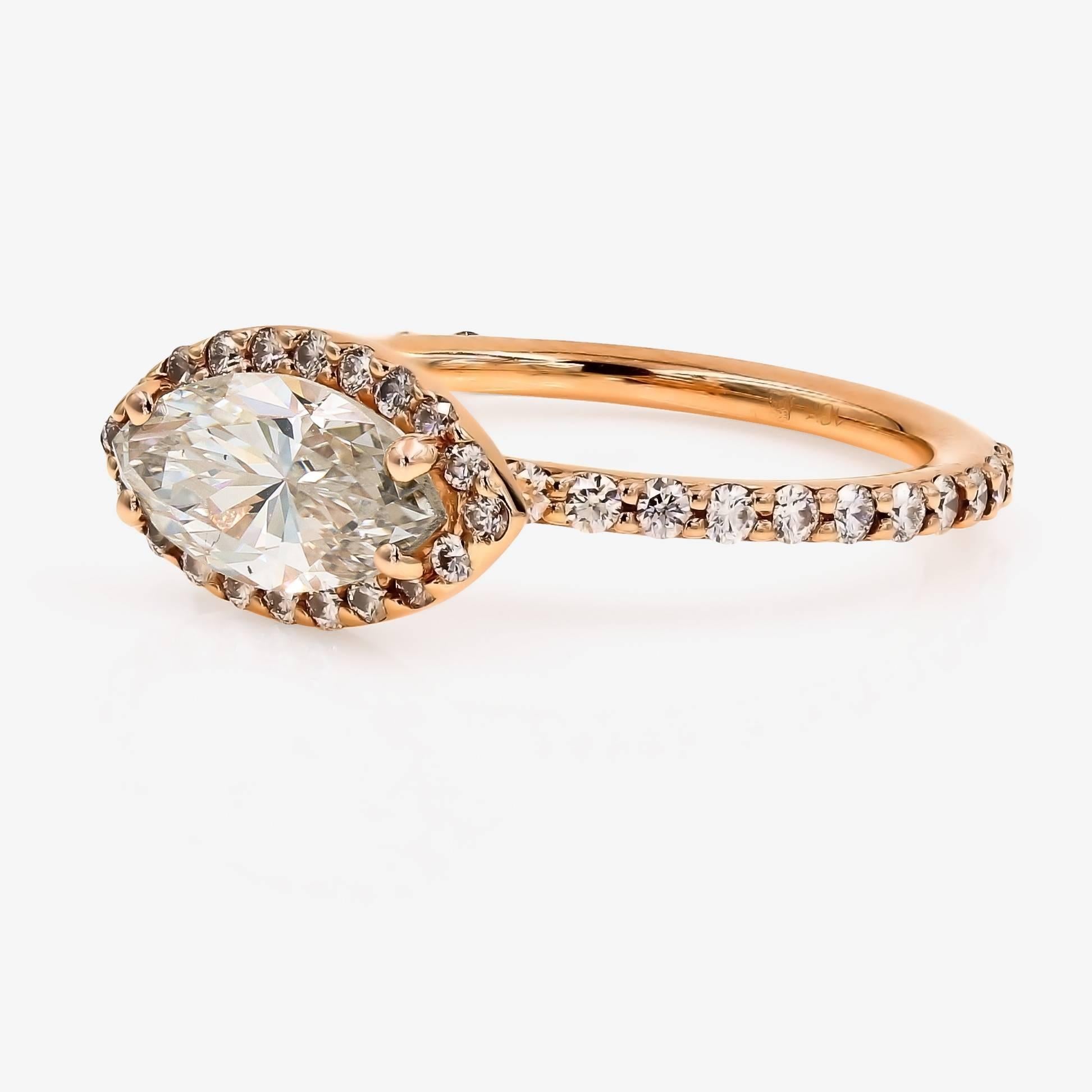 Contemporary GIA Certified 1.51cts. Marquise & Ideal Cut Round Diamond Ring in 18kt Rose Gold