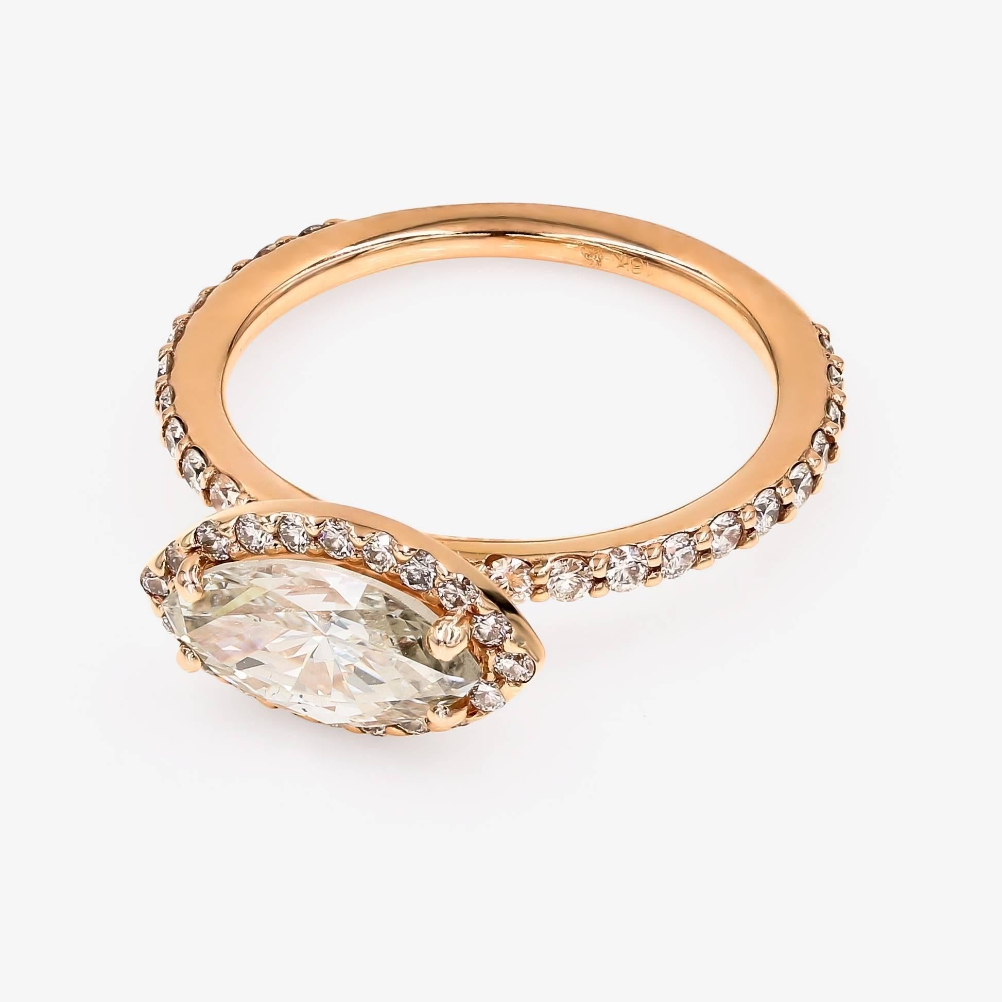 GIA Certified 1.51cts. Marquise & Ideal Cut Round Diamond Ring in 18kt Rose Gold In New Condition In Chicago, IL