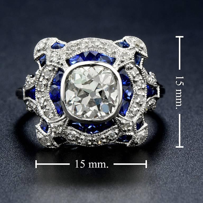 Art Deco Style GIA Certified 1.52 Carat Diamond Sapphire Ring in 18K White Gold In New Condition In Bangkok, TH