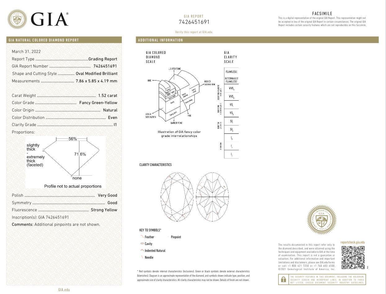 GIA Certified 1.52 Carat Fancy Green Yellow I1 Clarity Diamond Ring For Sale 3