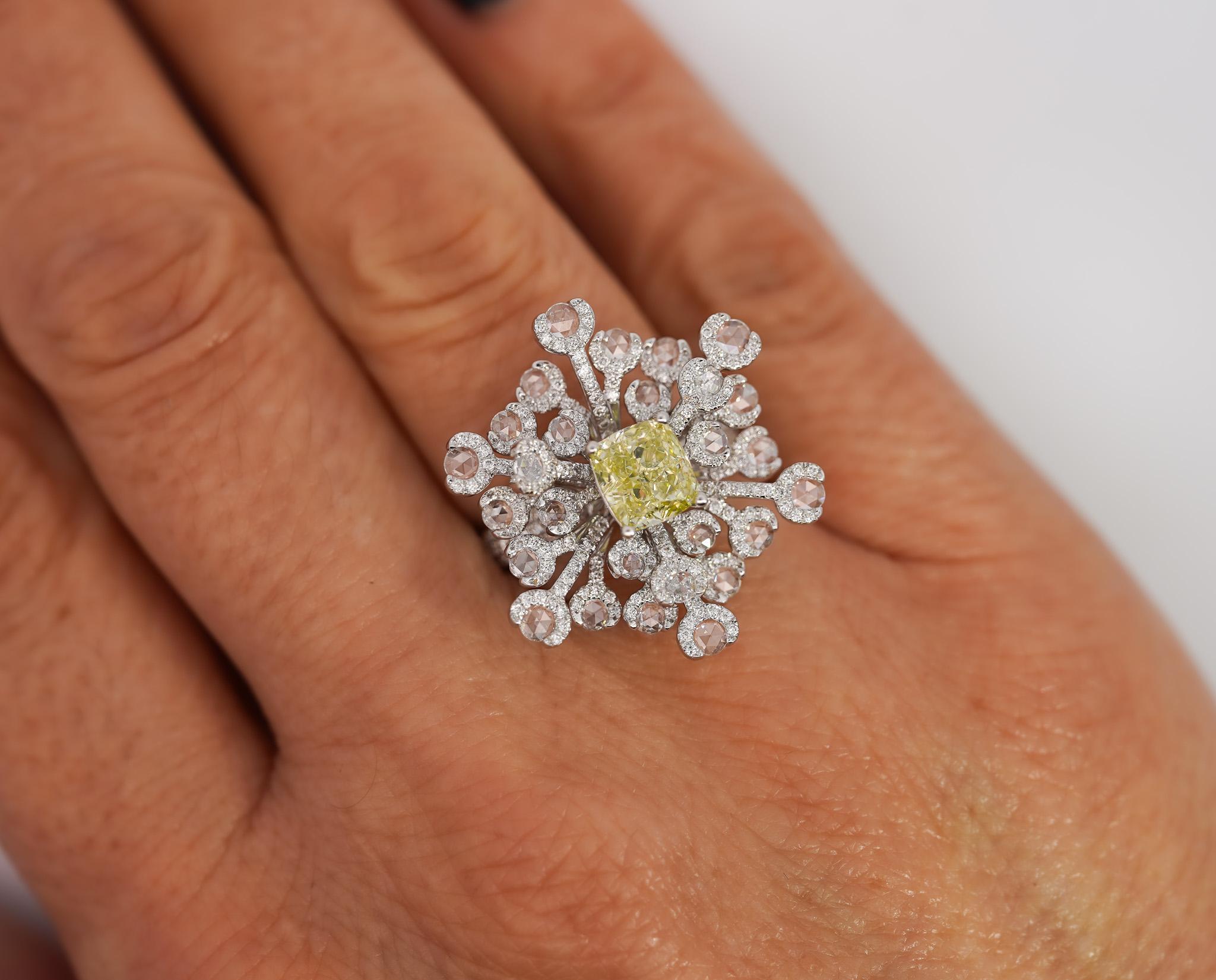 Cushion Cut GIA Certified 1.52 Carat Fancy Greenish Yellow Diamond Briolette Snowflake Ring For Sale