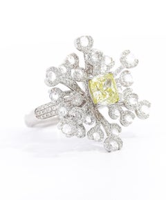 GIA Certified 1.52 Carat Fancy Greenish Yellow Diamond Briolette Snowflake Ring