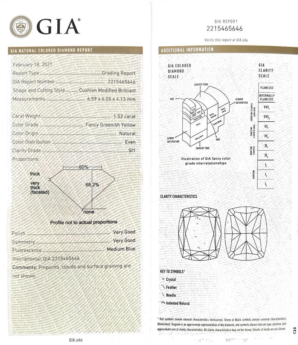 GIA-zertifizierter 1,52 Karat Fancy Grüner Gelber Diamant Briolette Schneeflockenring im Angebot 2
