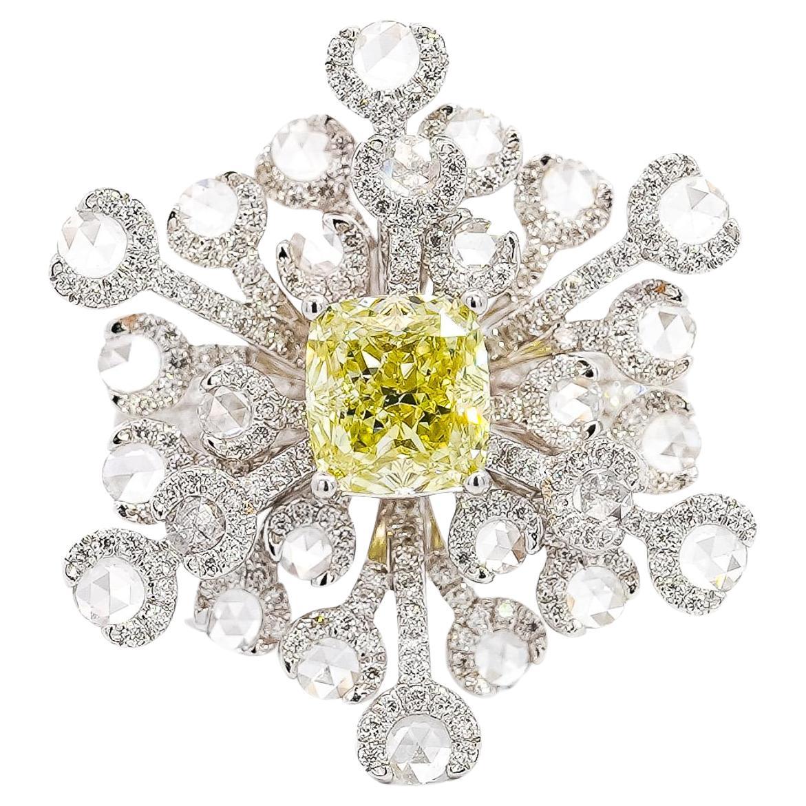 GIA Certified 1.52 Carat Fancy Greenish Yellow Diamond Briolette Snowflake Ring For Sale