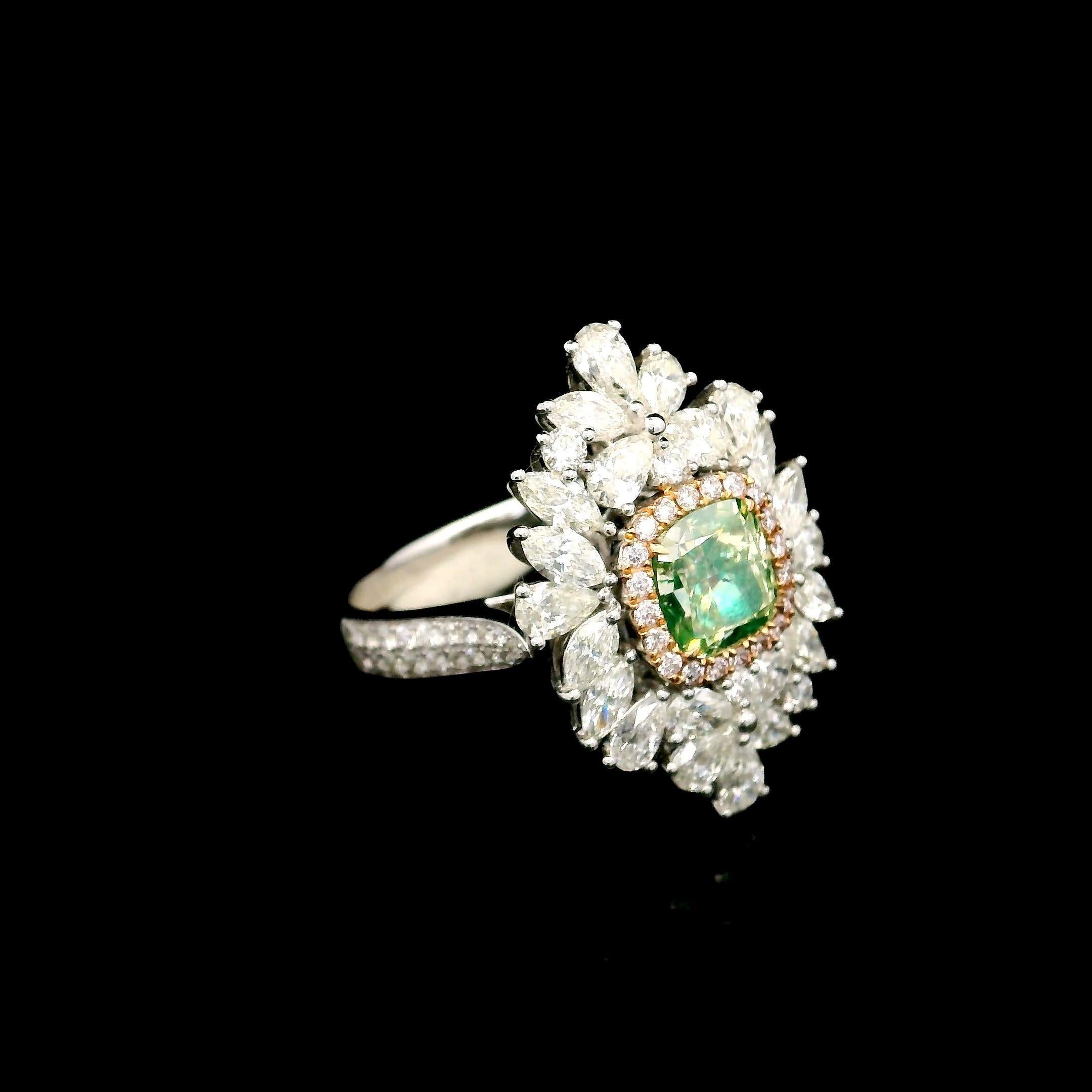 Cushion Cut GIA Certified 1.52 Carat Fancy Greenish Yellow SI2 Clarity Diamond Ring For Sale