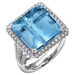 GIA Certified 15.25 Carat Natural Aquamarine Diamond 14K White Gold Ring