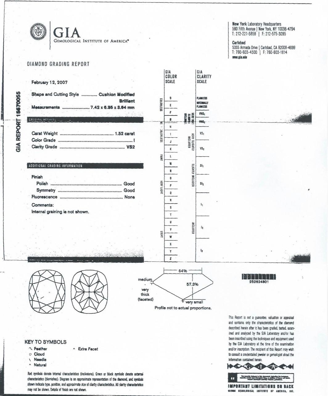 GIA Certified 1.52ct Cushion Diamond 1.52cts, I Color, VS2 Clarity Platinum Ring For Sale 1