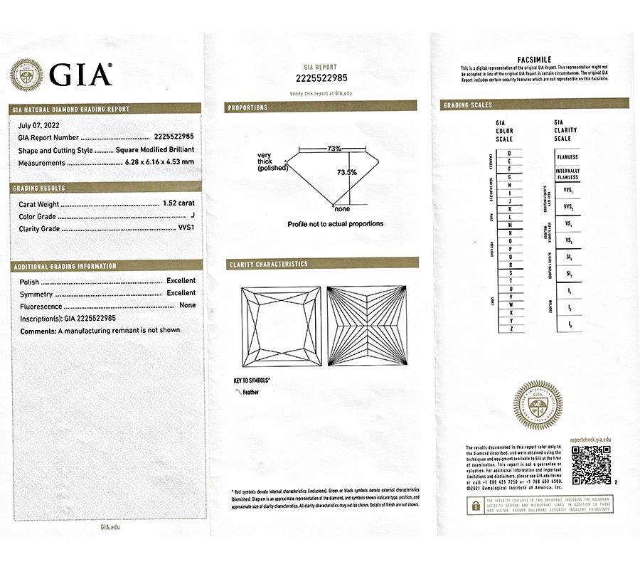Bague de fiançailles solitaire en diamant certifié GIA de 1,52ct Bon état - En vente à New York, NY
