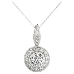 GIA Certified 1.52ct Round Diamond Milgrain Halo Pendant Necklace