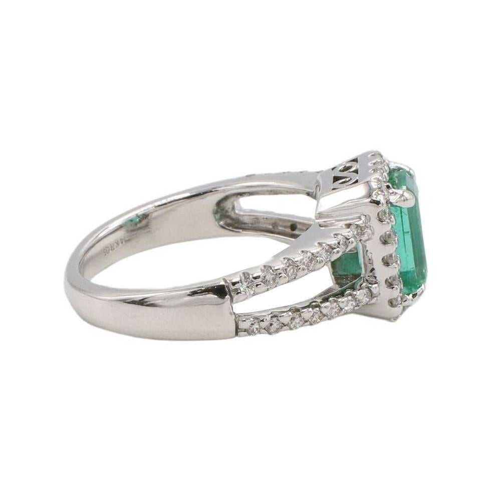 Emerald Cut GIA Certified 1.53 Carat Emerald & Natural Diamond Halo Engagement Ring For Sale
