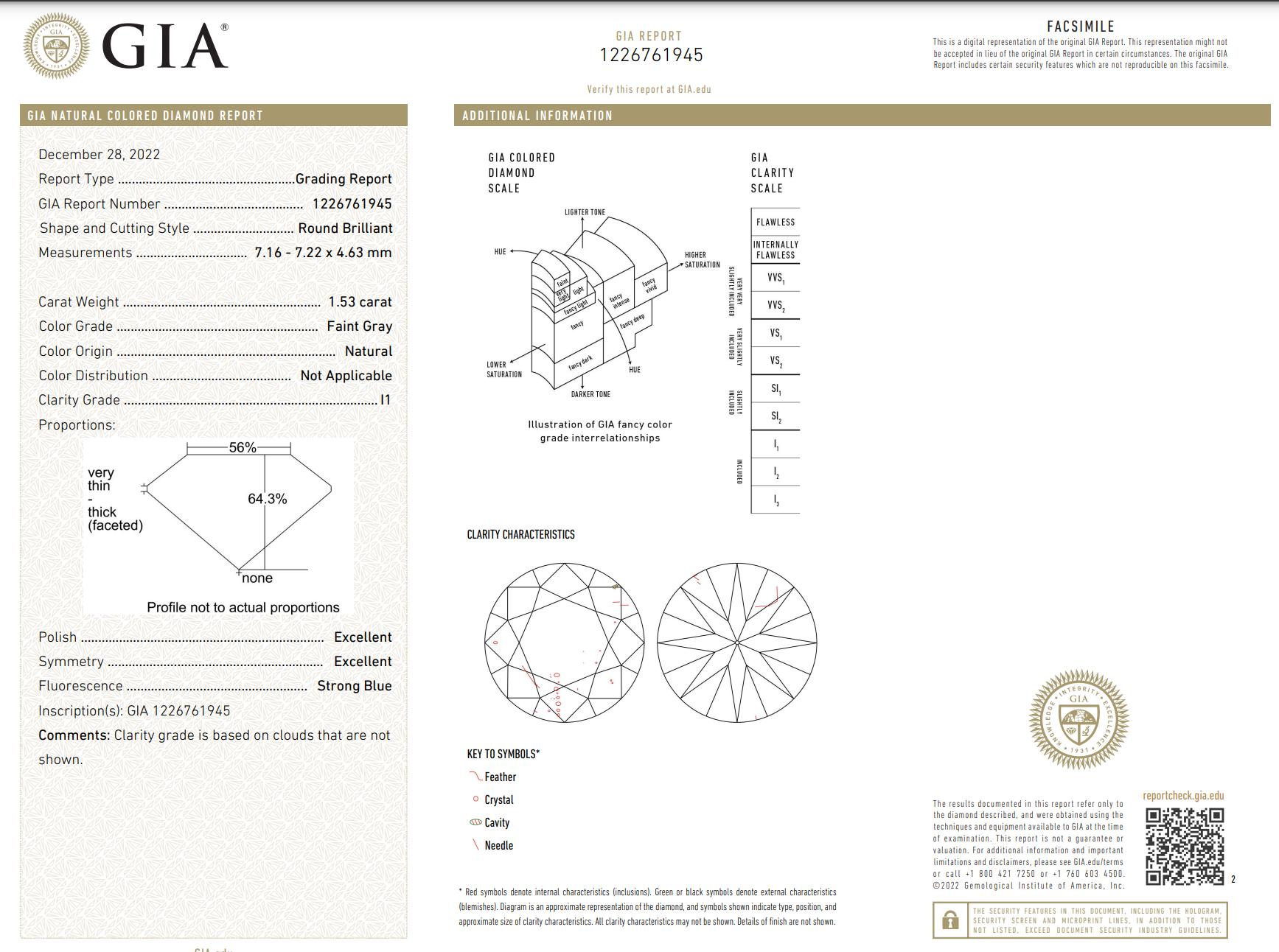 Brilliant Cut GIA Certified 1.53 Carat Faint Gray I1 Round Brilliant Natural Diamond For Sale