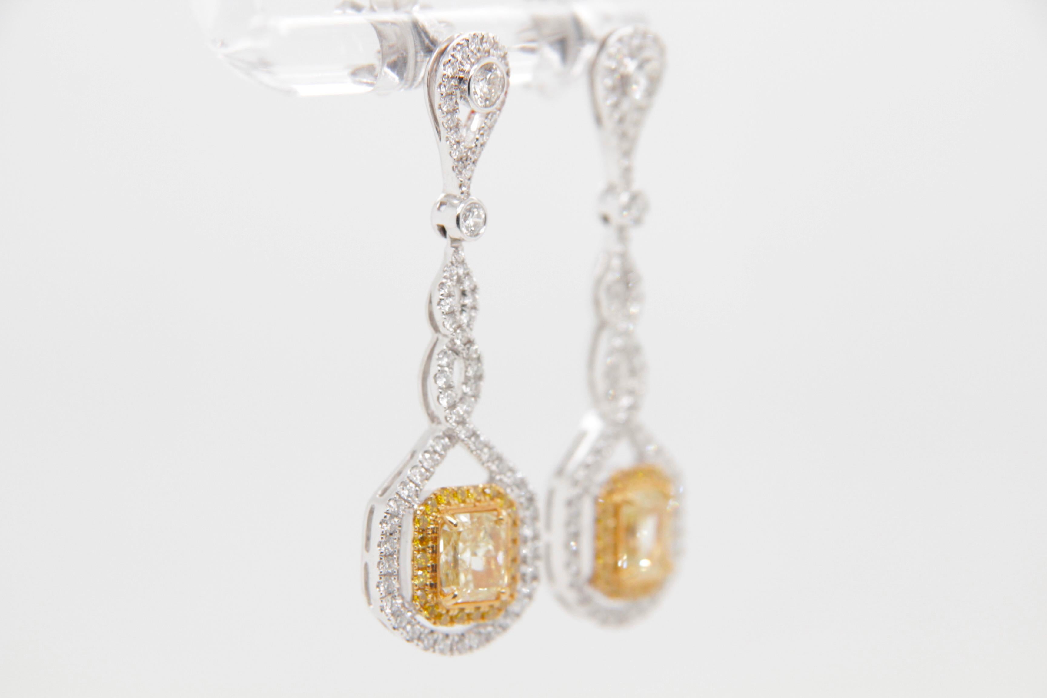 Radiant Cut GIA Certified 1.53 carat Fancy Yellow Diamond Braided Dangle Earrings in Gold For Sale