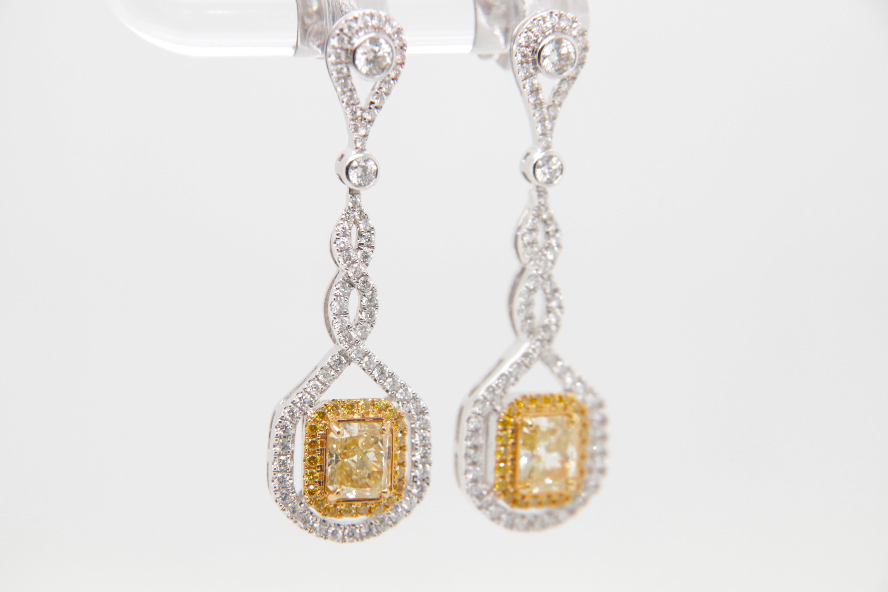 Women's or Men's GIA Certified 1.53 carat Fancy Yellow Diamond Braided Dangle Earrings in Gold For Sale