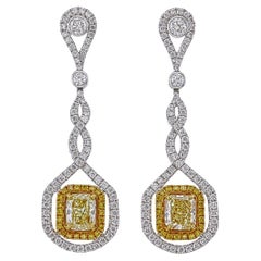 Boucles d
oreilles pendantes tressées en or, certifiées GIA, 1,53 carat de diamant jaune fantaisie