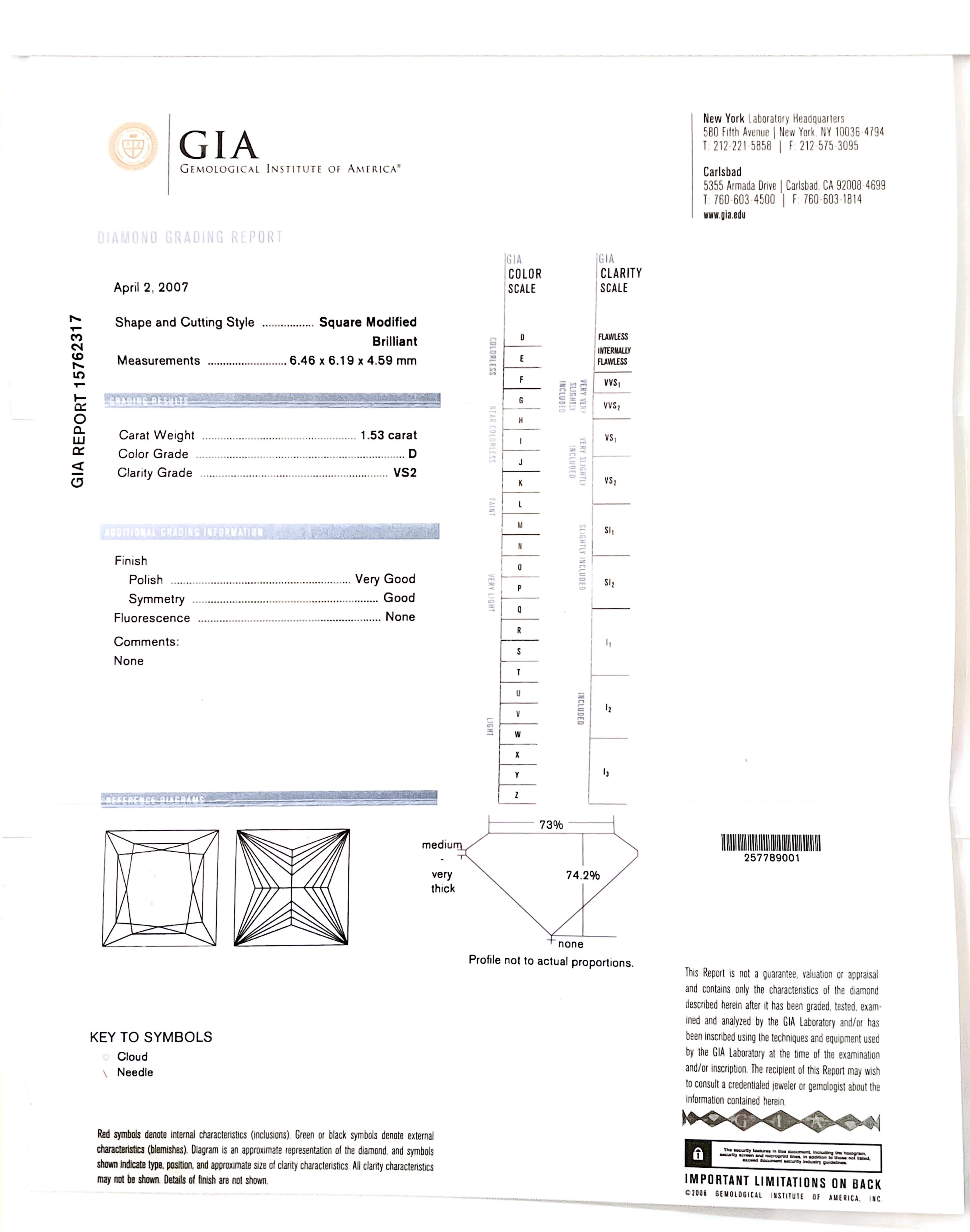 GIA Certified 1.53 Carat Natural Princess Cut D VS2 Diamond Engagement Ring  For Sale 2