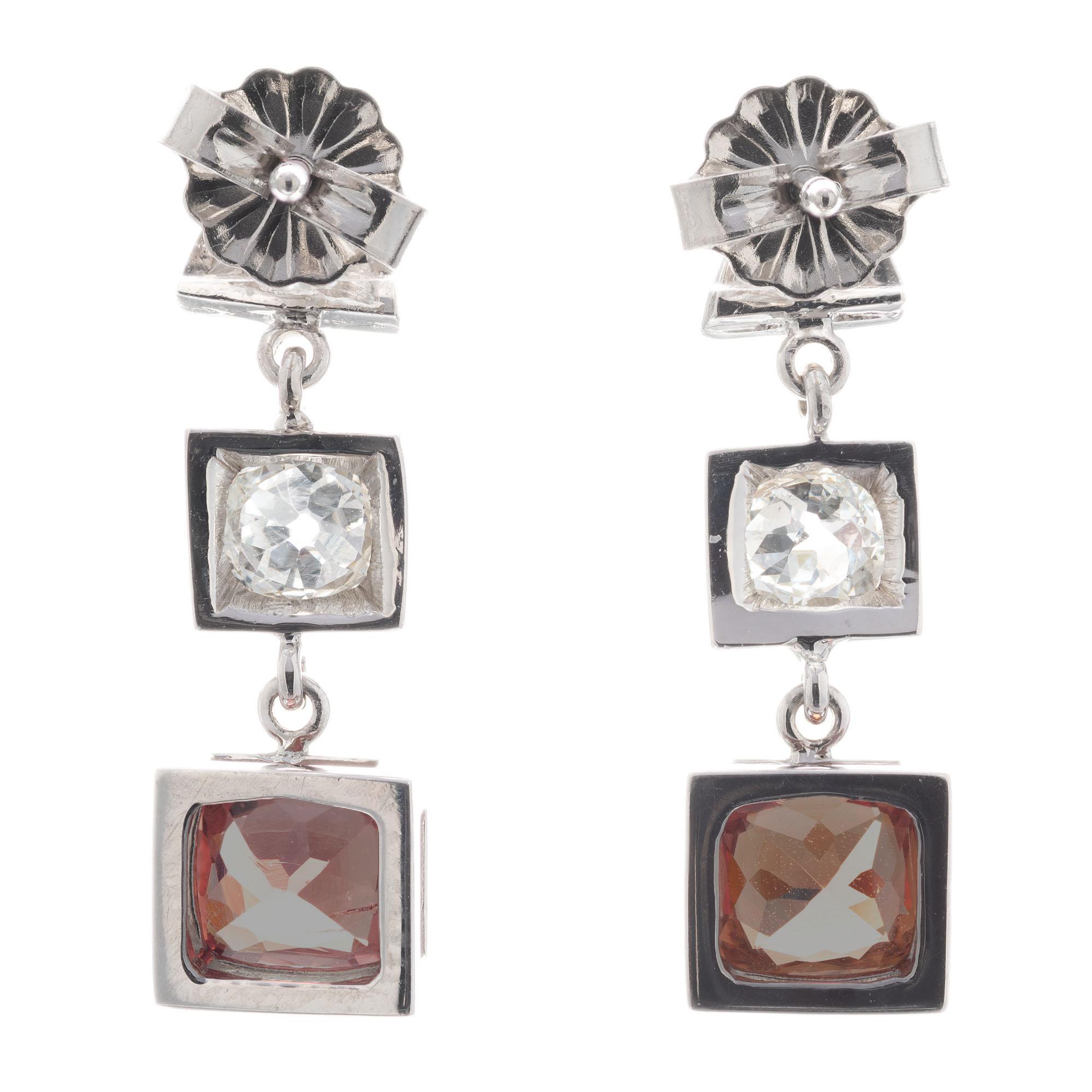 Cushion Cut GIA Certified 1.53 Carat Orange Sapphire Diamond Platinum Dangle Earrings For Sale