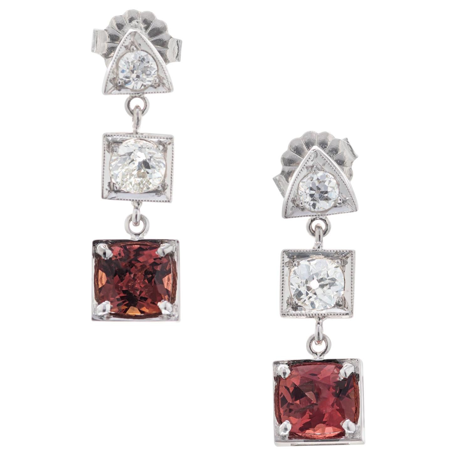 GIA Certified 1.53 Carat Orange Sapphire Diamond Platinum Dangle Earrings For Sale