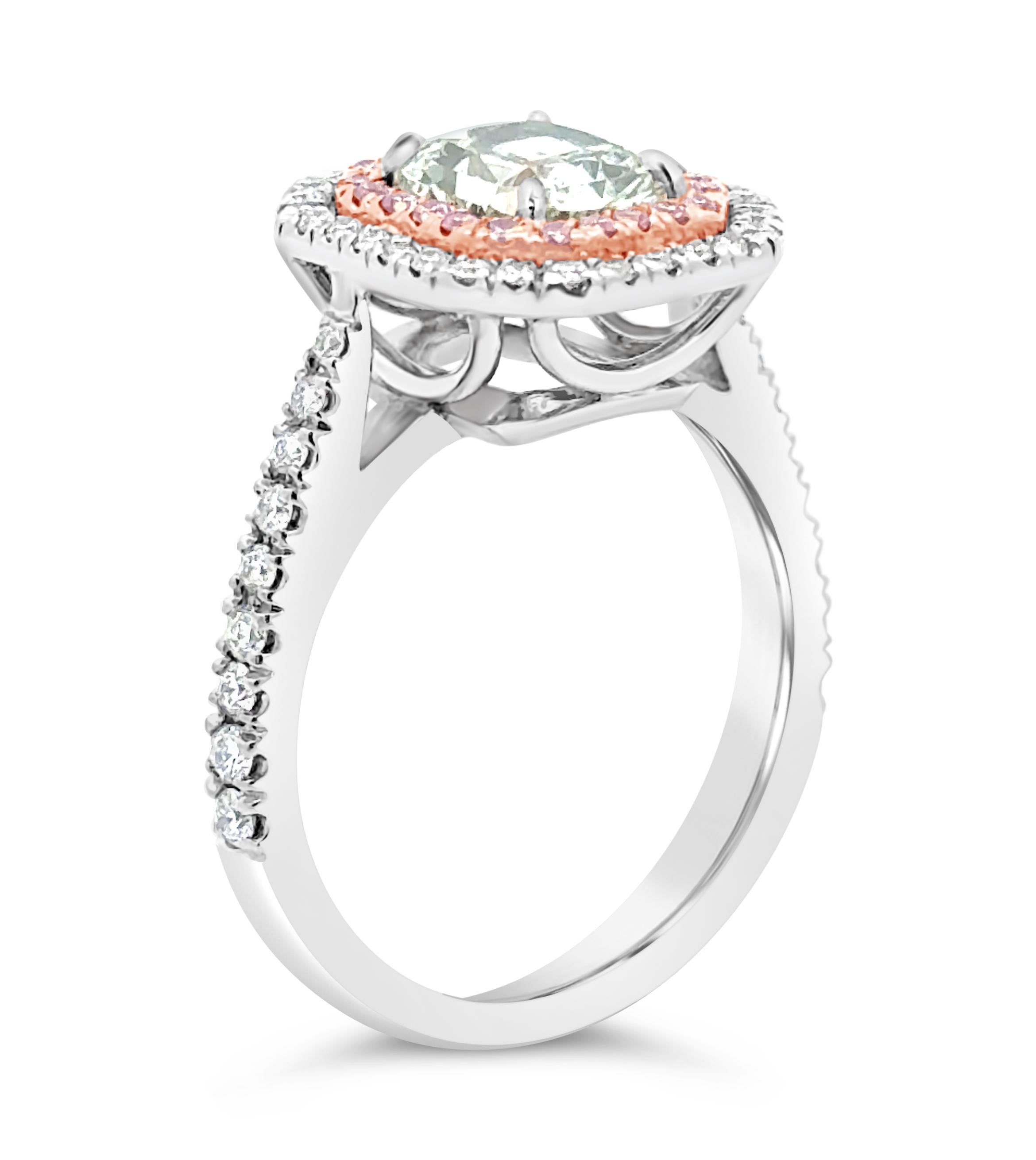 Contemporary GIA Certified 1.53 Carats Cushion Cut Natural Green Diamond Double Halo Ring