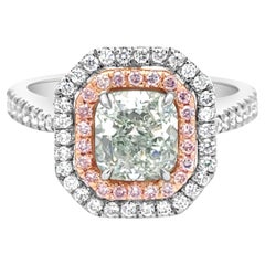 GIA Certified 1.53 Carats Cushion Cut Natural Green Diamond Double Halo Ring