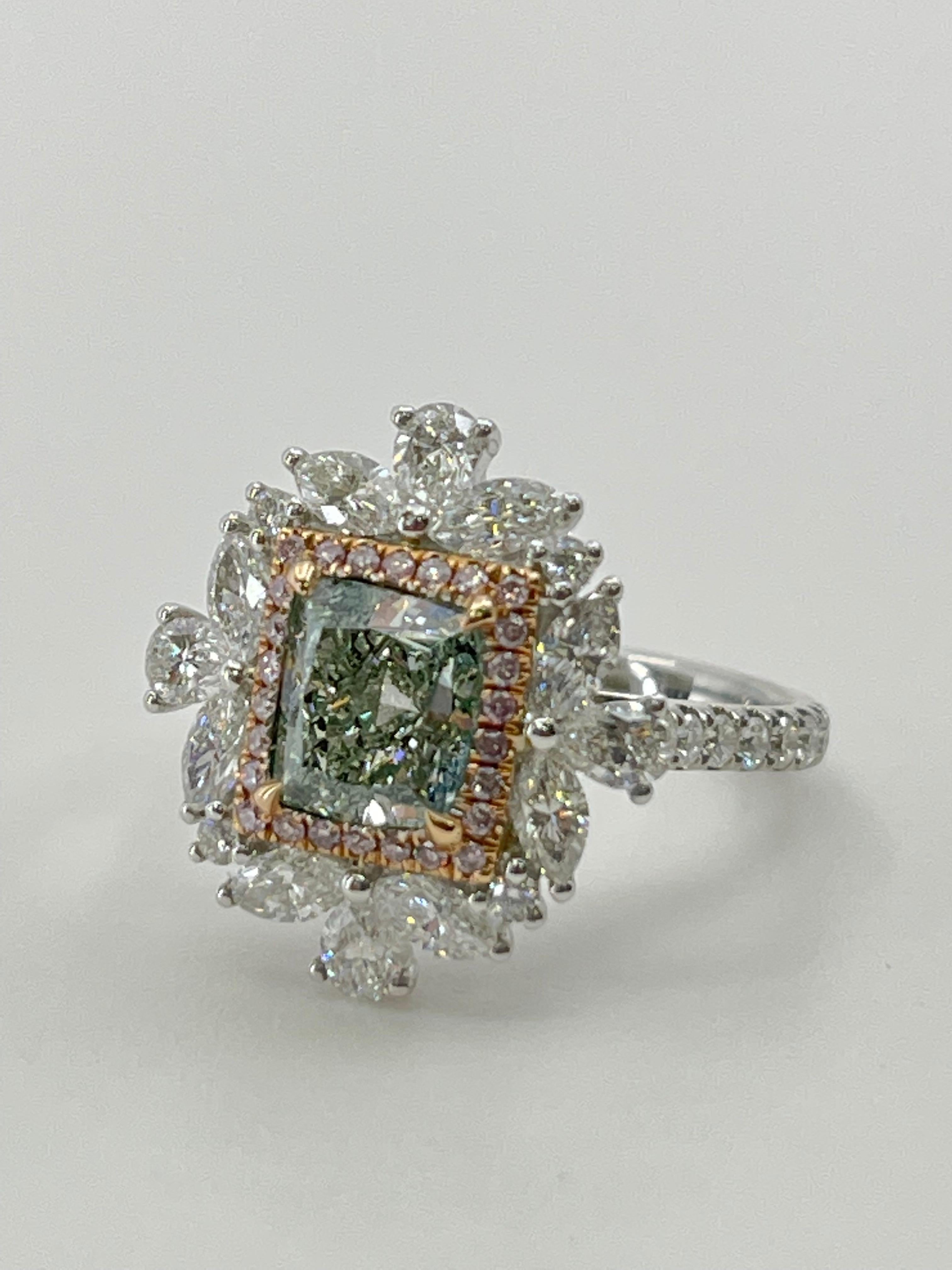 GIA Certified 1.53 Fancy Green Diamond Cocktail Ring With Pink Diamonds 1