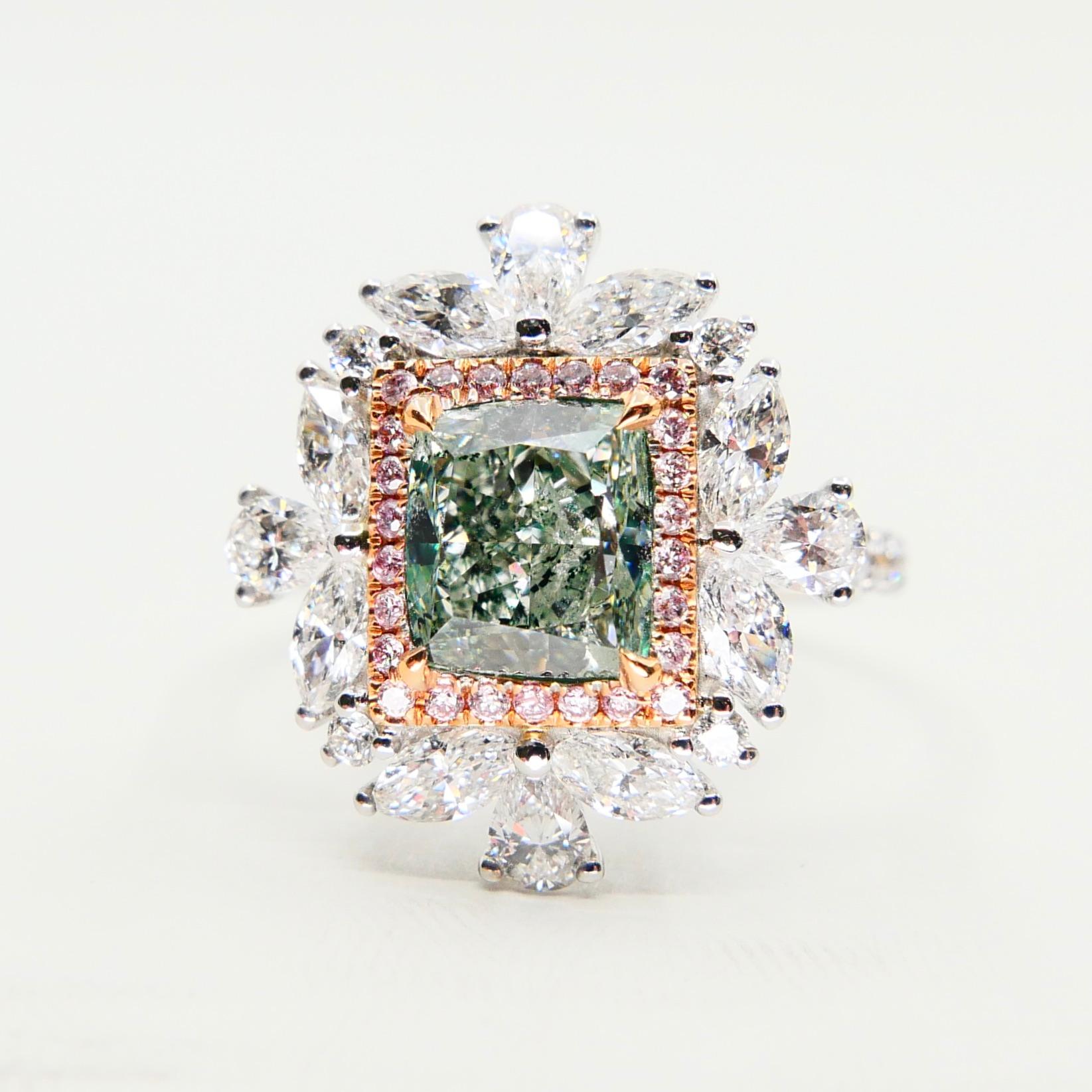 GIA Certified 1.53 Fancy Green Diamond Cocktail Ring With Pink Diamonds 6