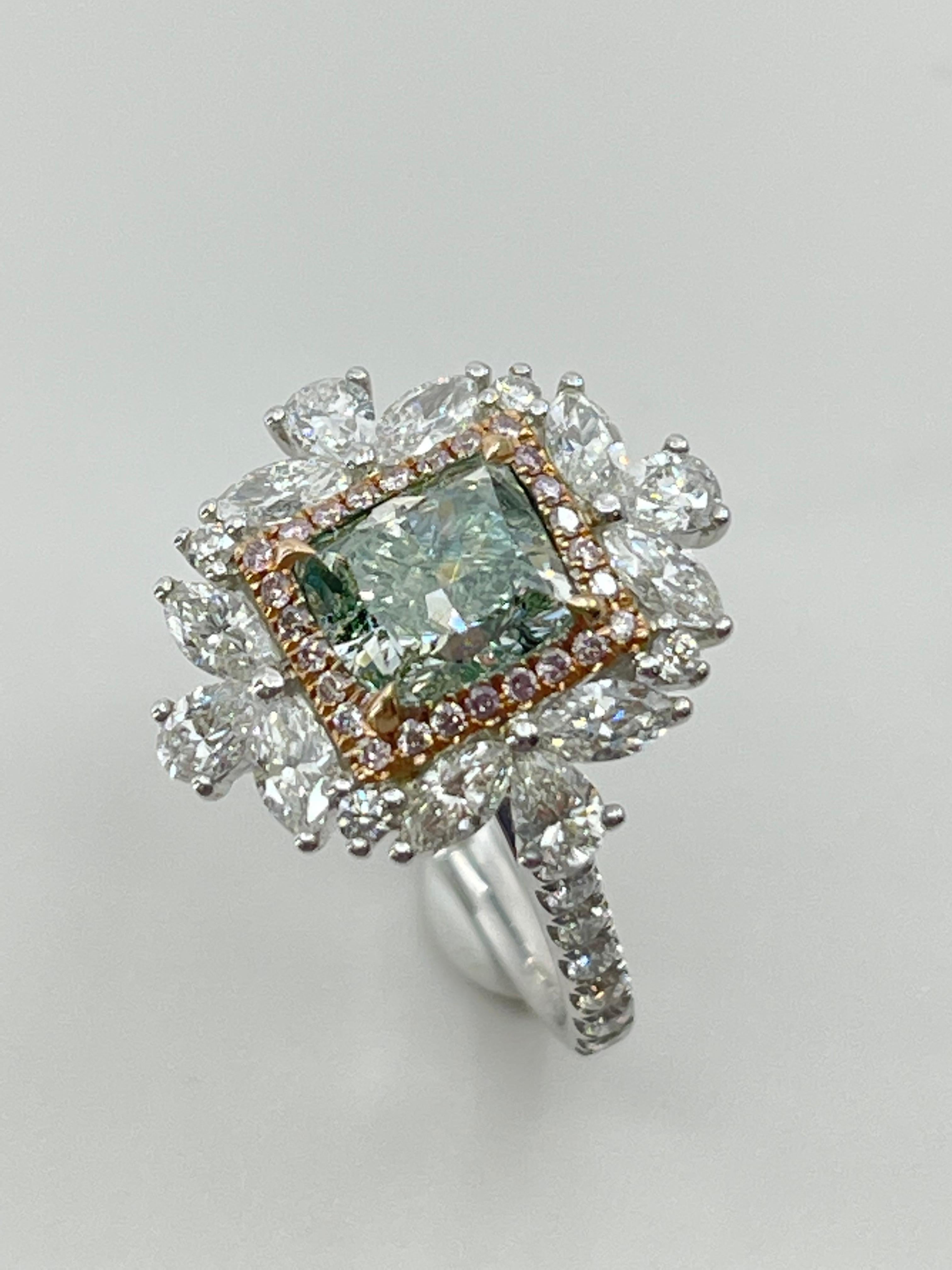 GIA Certified 1.53 Fancy Green Diamond Cocktail Ring With Pink Diamonds 3