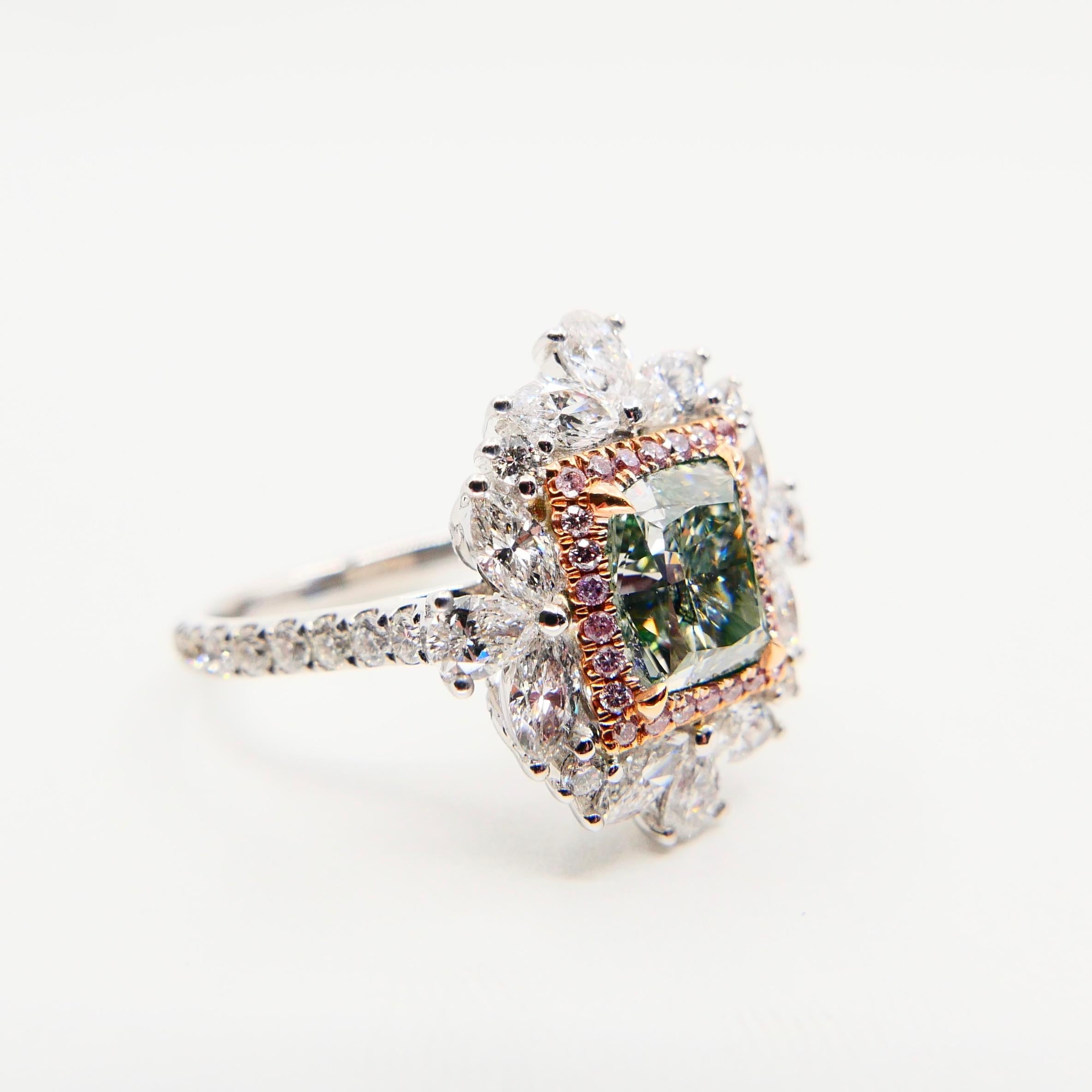 GIA Certified 1.53 Fancy Green Diamond Cocktail Ring With Pink Diamonds 7