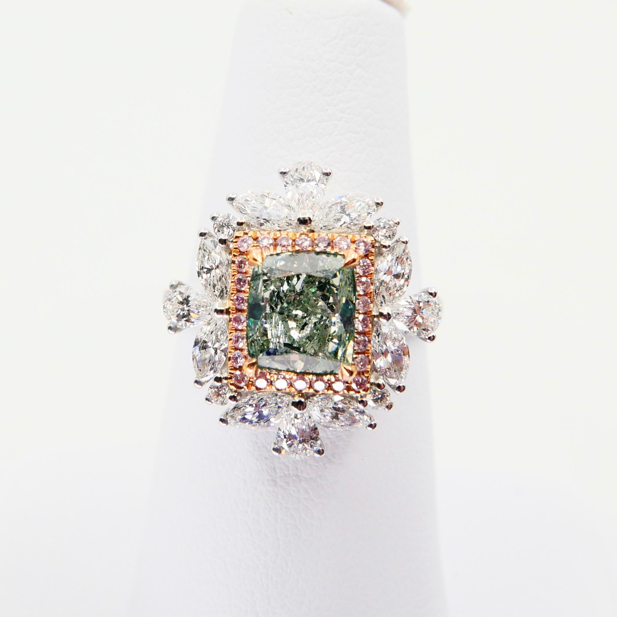 GIA Certified 1.53 Fancy Green Diamond Cocktail Ring With Pink Diamonds 9