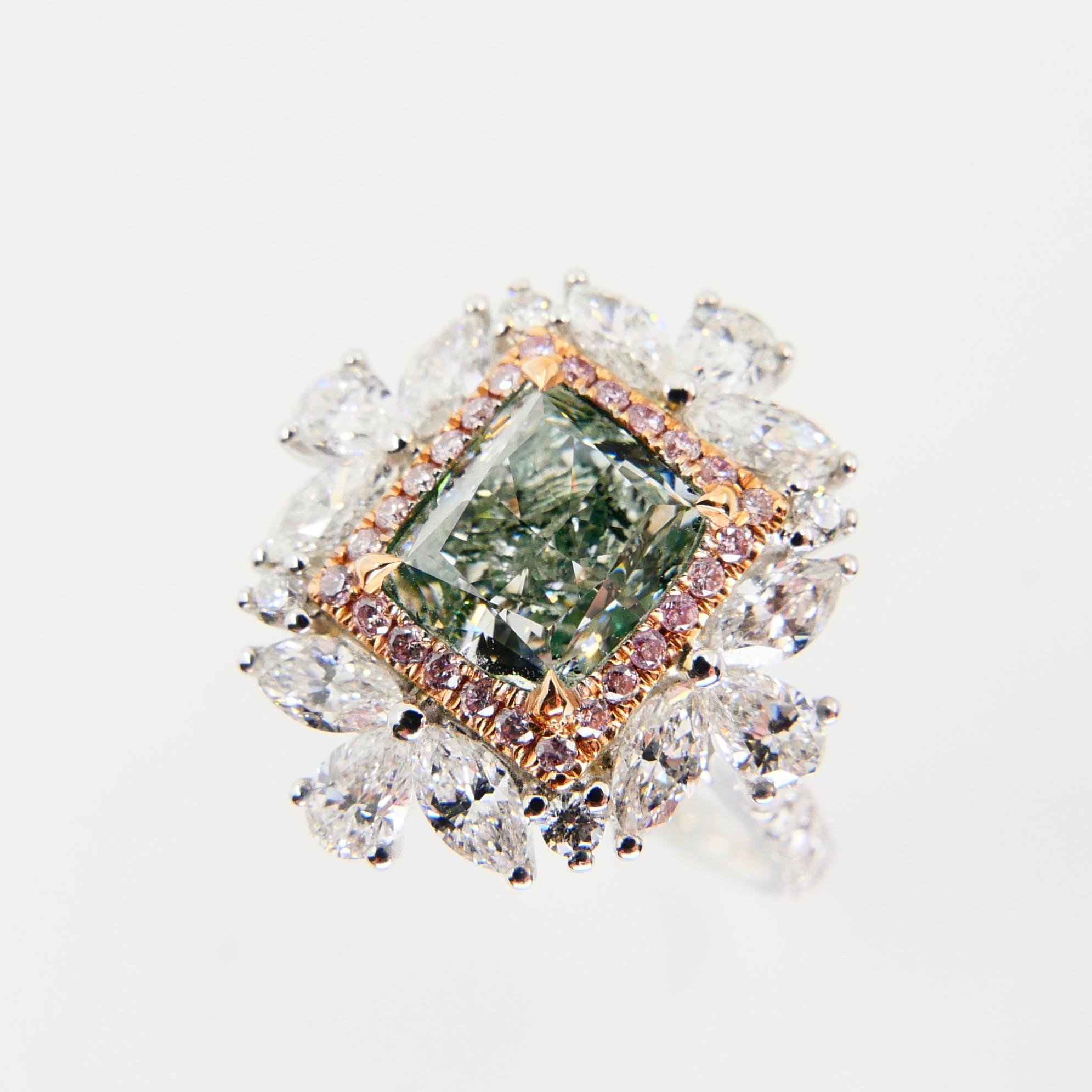 GIA Certified 1.53 Fancy Green Diamond Cocktail Ring With Pink Diamonds 8