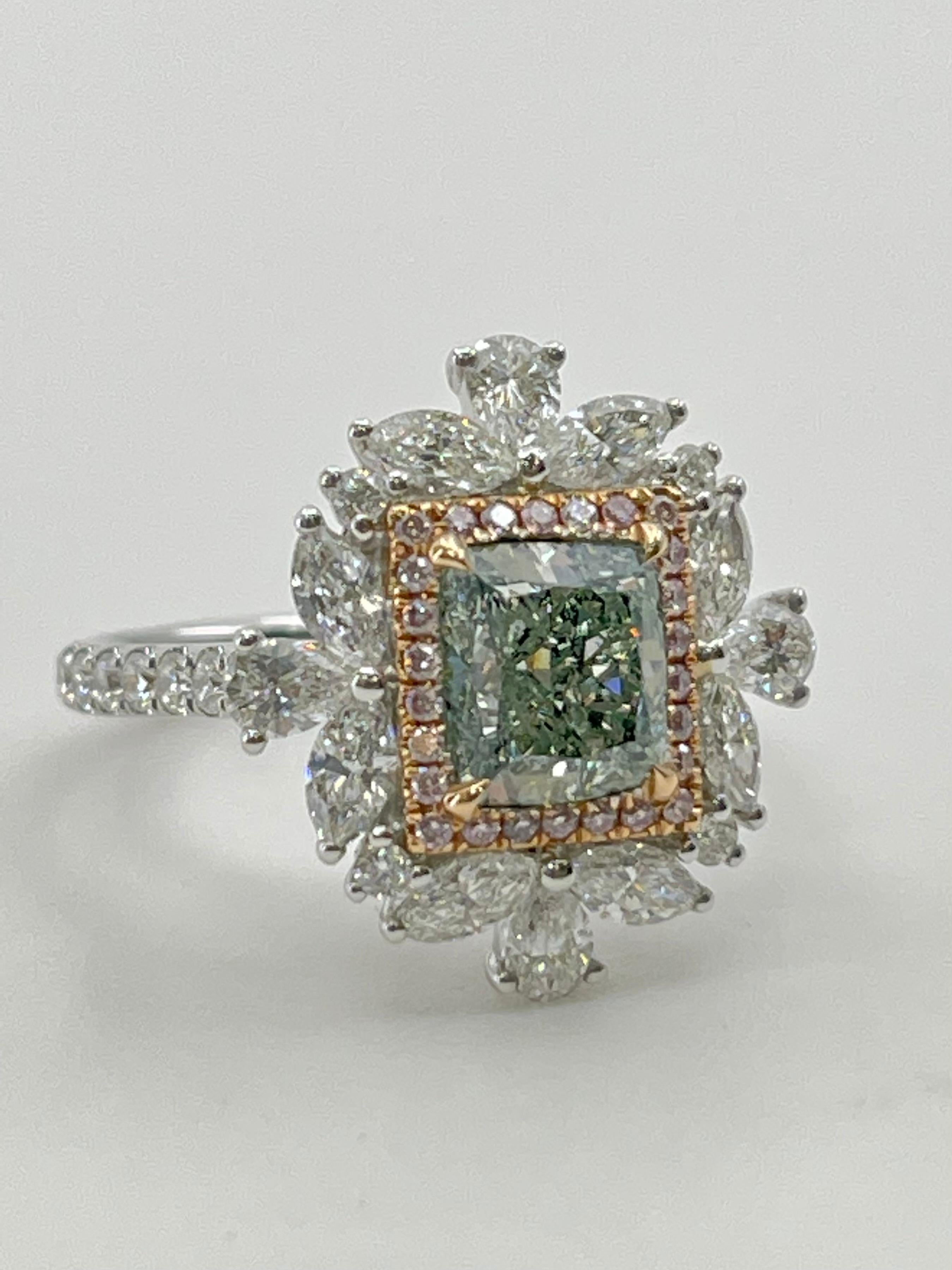 Contemporary GIA Certified 1.53 Fancy Green Diamond Cocktail Ring With Pink Diamonds
