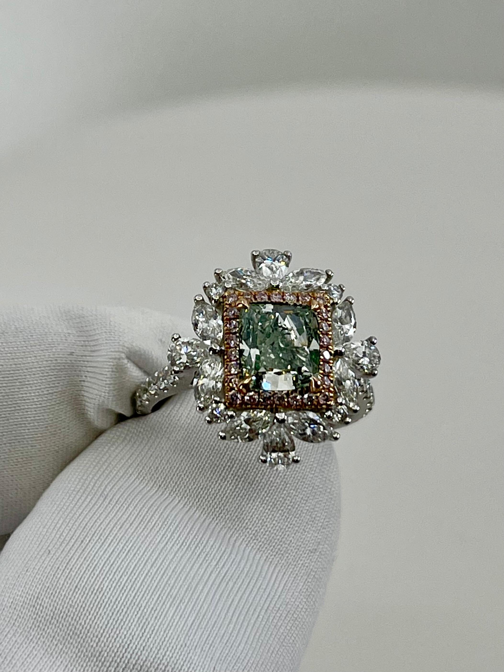 Cushion Cut GIA Certified 1.53 Fancy Green Diamond Cocktail Ring With Pink Diamonds