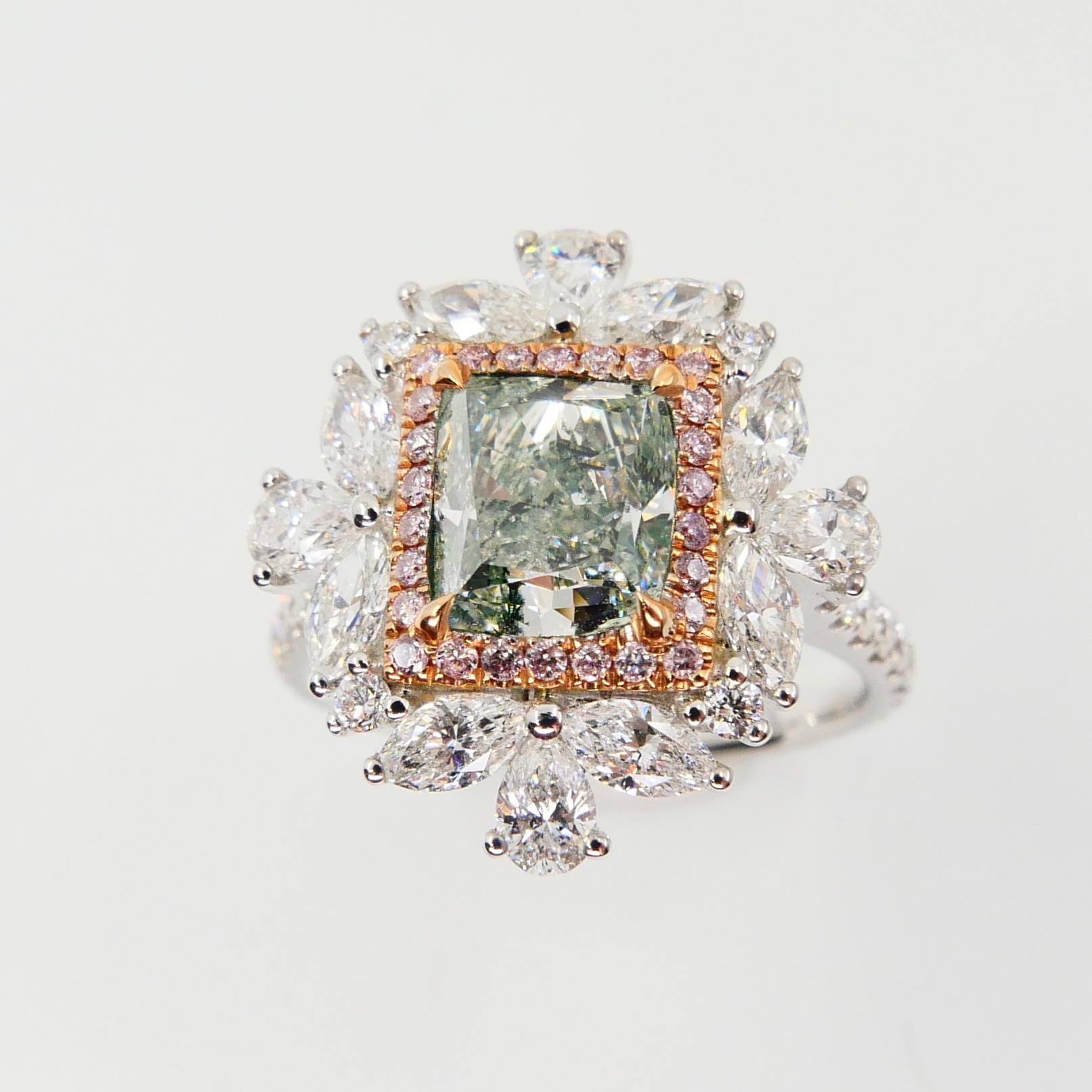 GIA Certified 1.53 Fancy Green Diamond Cocktail Ring With Pink Diamonds 2