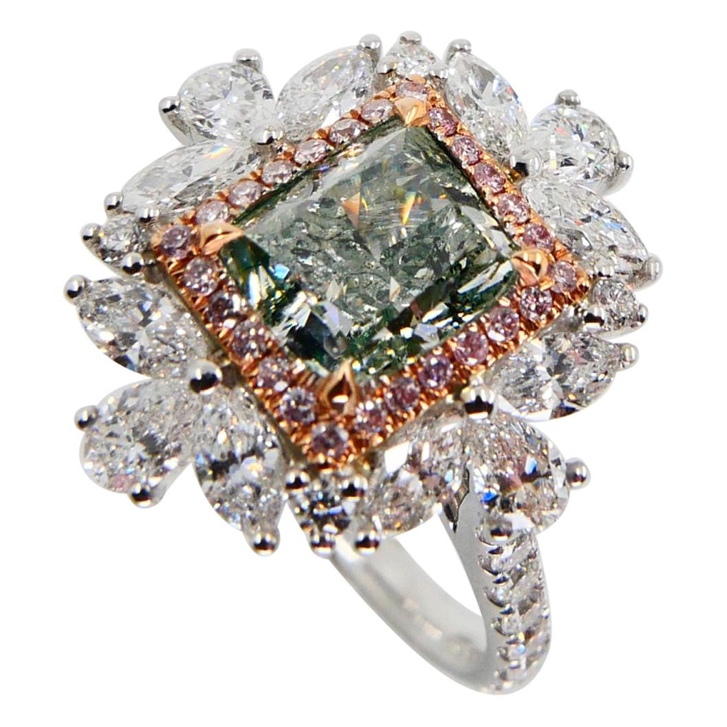 GIA Certified 1.53 Fancy Green Diamond Cocktail Ring With Pink Diamonds